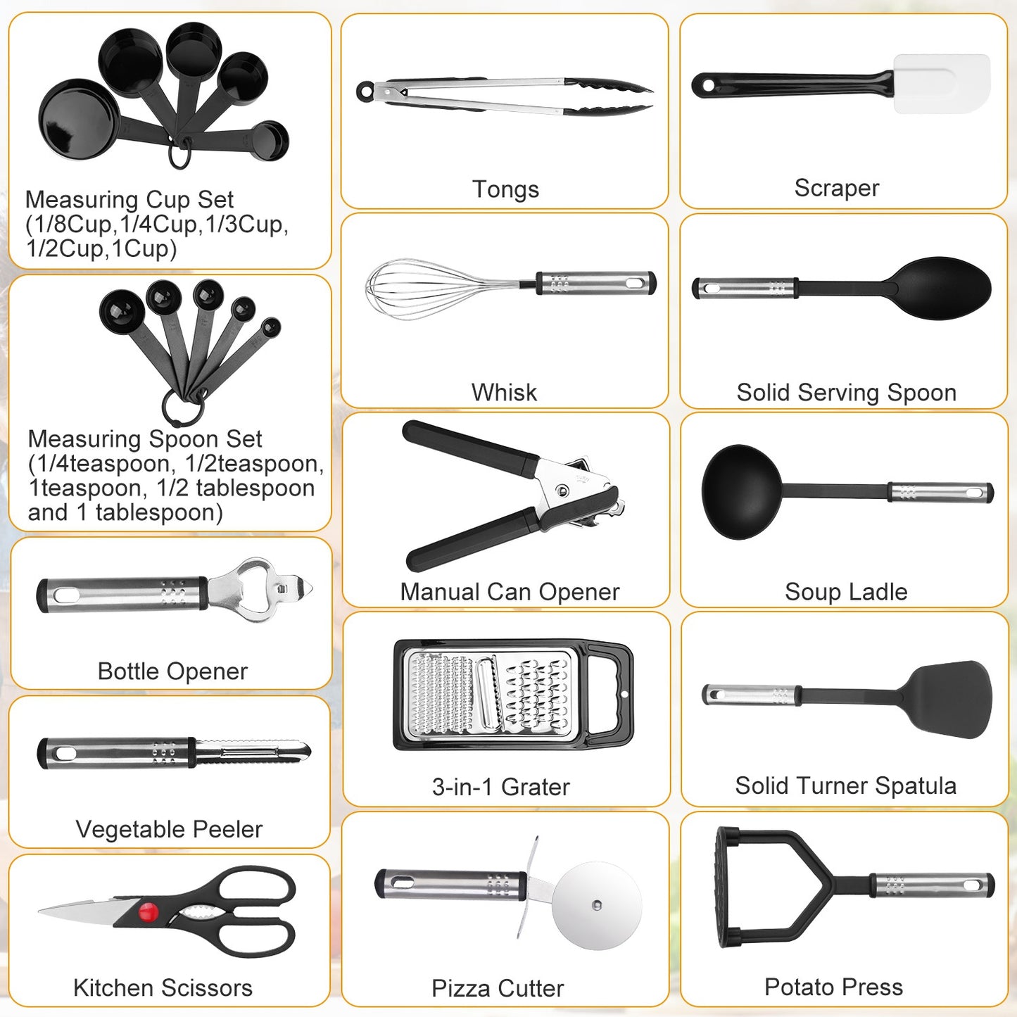 23Pcs Kitchen Utensil Set Stainless Steel Nylon Heat Resistant Cooking Utensil Tool Kit w/ Grater Scraper Tongs Whisk Can Bottle Opener Pizza Cutter Vegetable Peeler Spoon Ladle Turner Spatula Potato