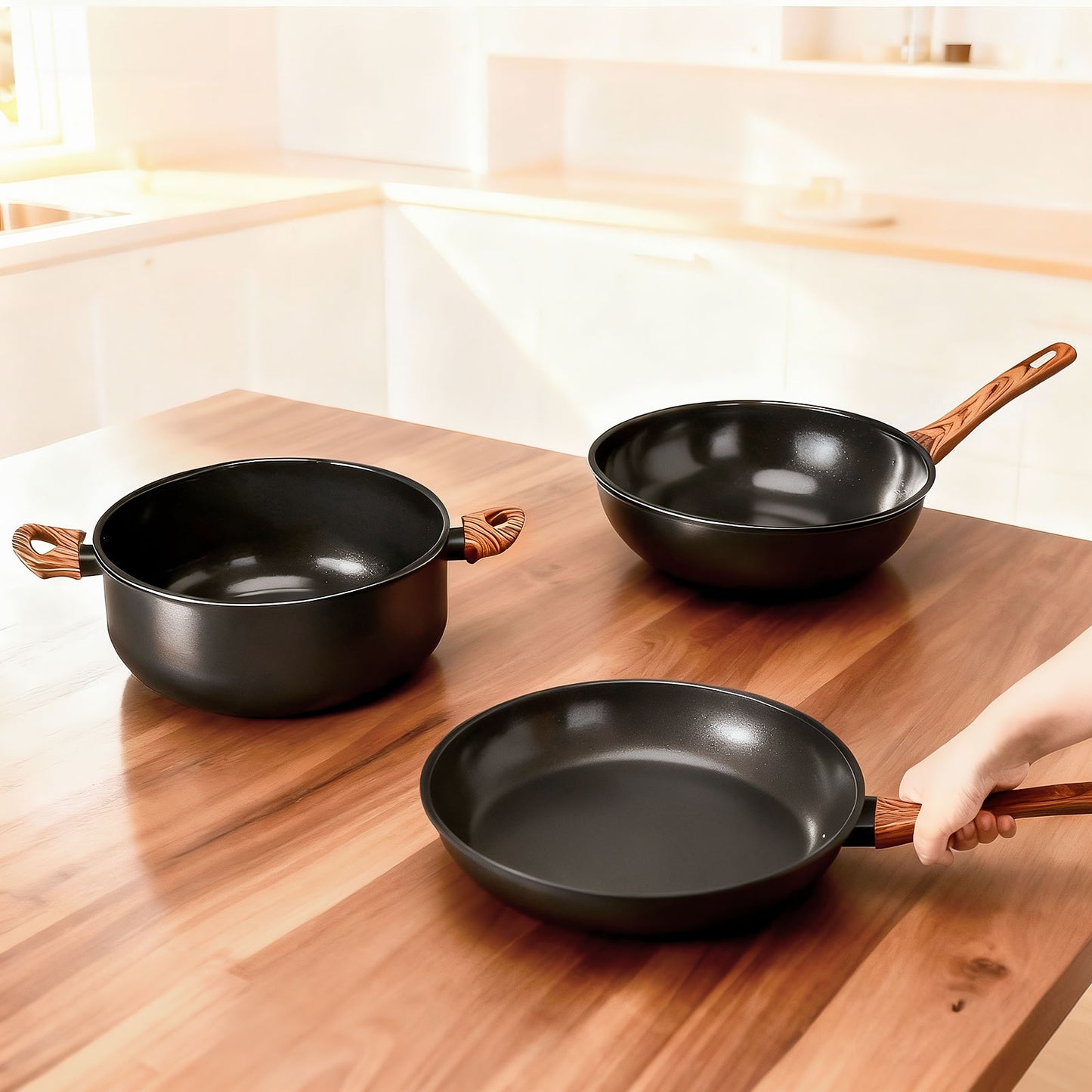 20-Piece Aluminum Cookware Set, Black Non-Stick Pots and Pans Set with Assembled Handles - 6 Pots (Including 28cm Stock Pot) & 3 Lids, Compatible with Induction, Gas, Electric Stoves for Kitchen