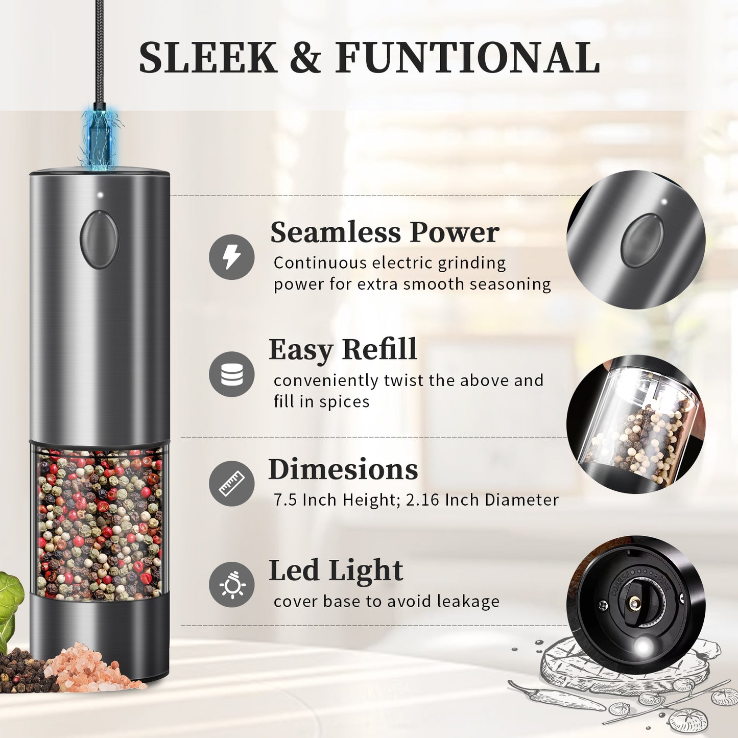 2PCS electric salt and pepper grinder set - battery-powered spice grinder, adjustable for coarseness, perfect for home kitchens, durable plastic, electric salt and pepper grinder, automatic grinder