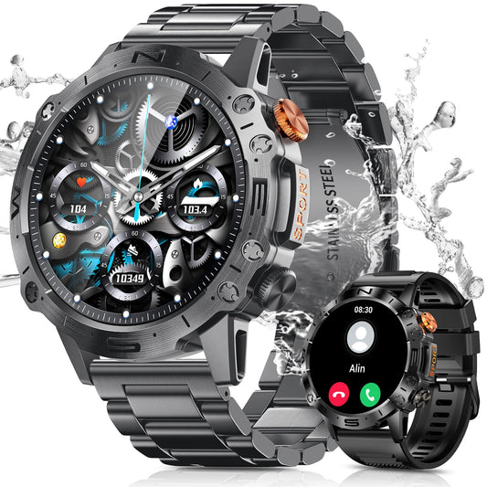 PODOEIL Military Smart Watch for Men with Bluetooth Call 1.43" AMOLED Fitness Tracker with Blood Pressure/Heart Rate/Sleep Monitor 100+ Sports Modes Waterproof Tactical Smartwatch for Android iOS