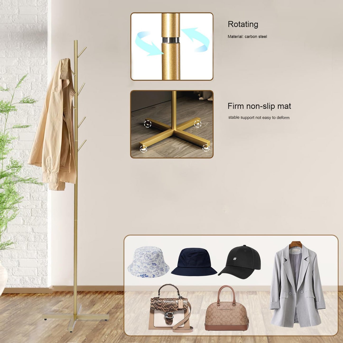 Clothing Rack, Golden Metal Freestanding Heavy Duty Clothes Rack with Marble Base, Multipurpose Garment Hanger for Bedroom, Hat, Scarf, Jacket,