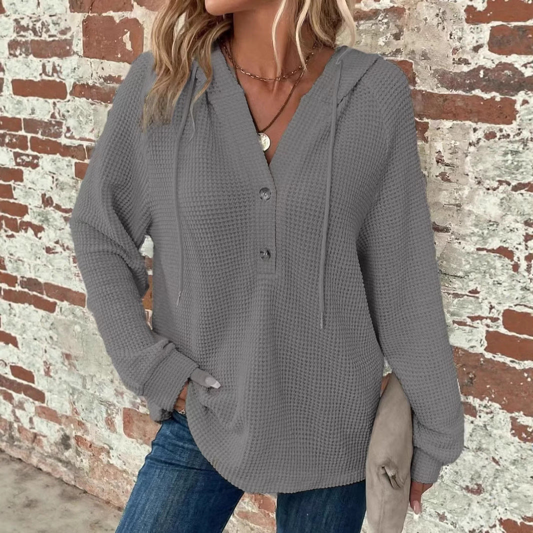 Waffle Hooded Sweater Sweatshirt Fashion Casual Long-sleeved Drawstring V-neck Buttons Top Women's Clothing