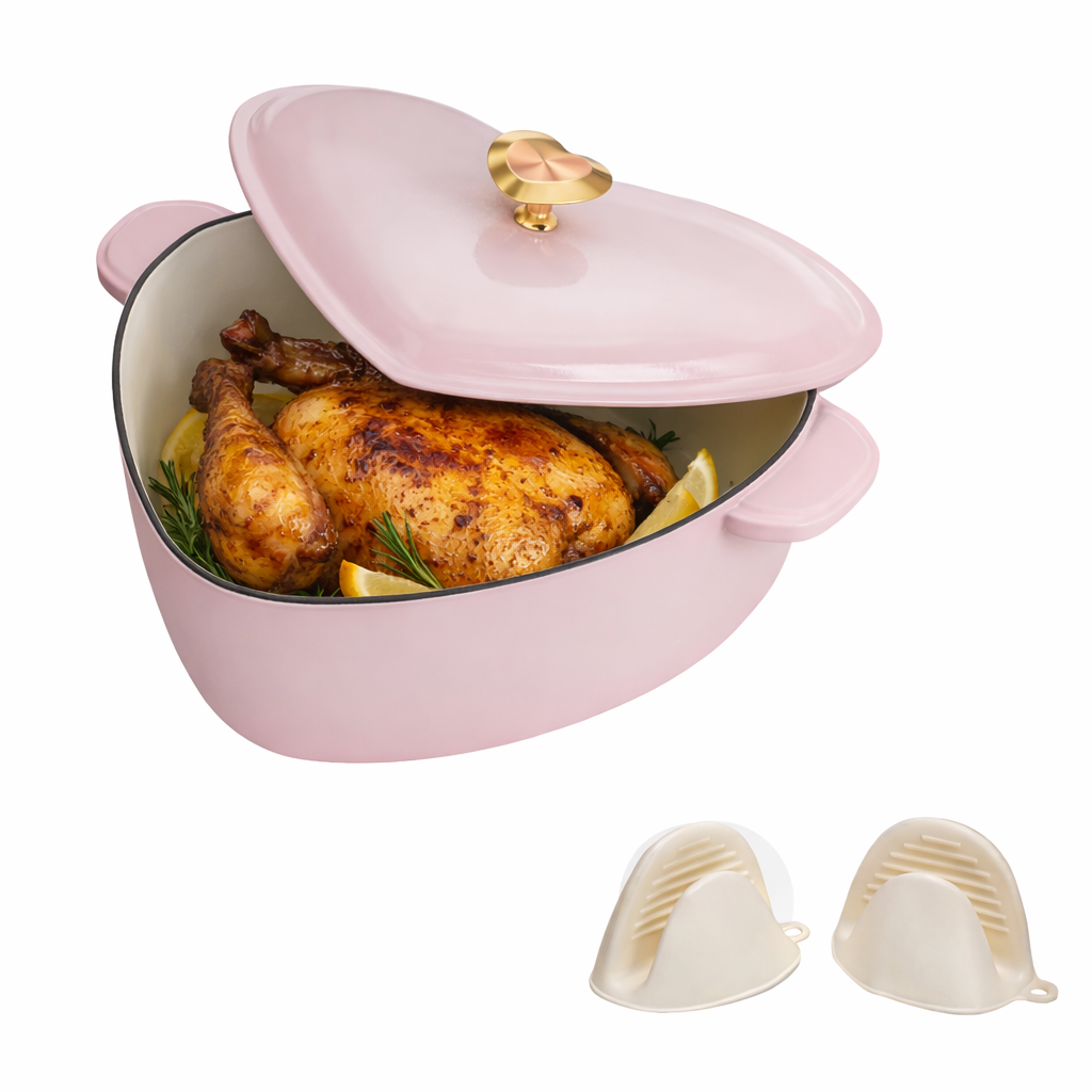 Enameled cast iron heart-shaped cooking pot, 24 cm inner diameter, 4 QT, gold heart‑shaped handle, pink gradient finish, includes two silicone oven mitts.