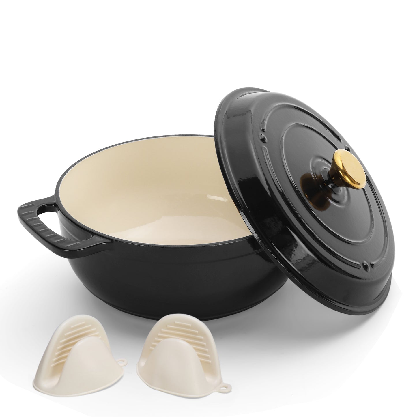 Cast iron 5QT cooking pot - Pure black - includes two silicone gloves - Enamel pot