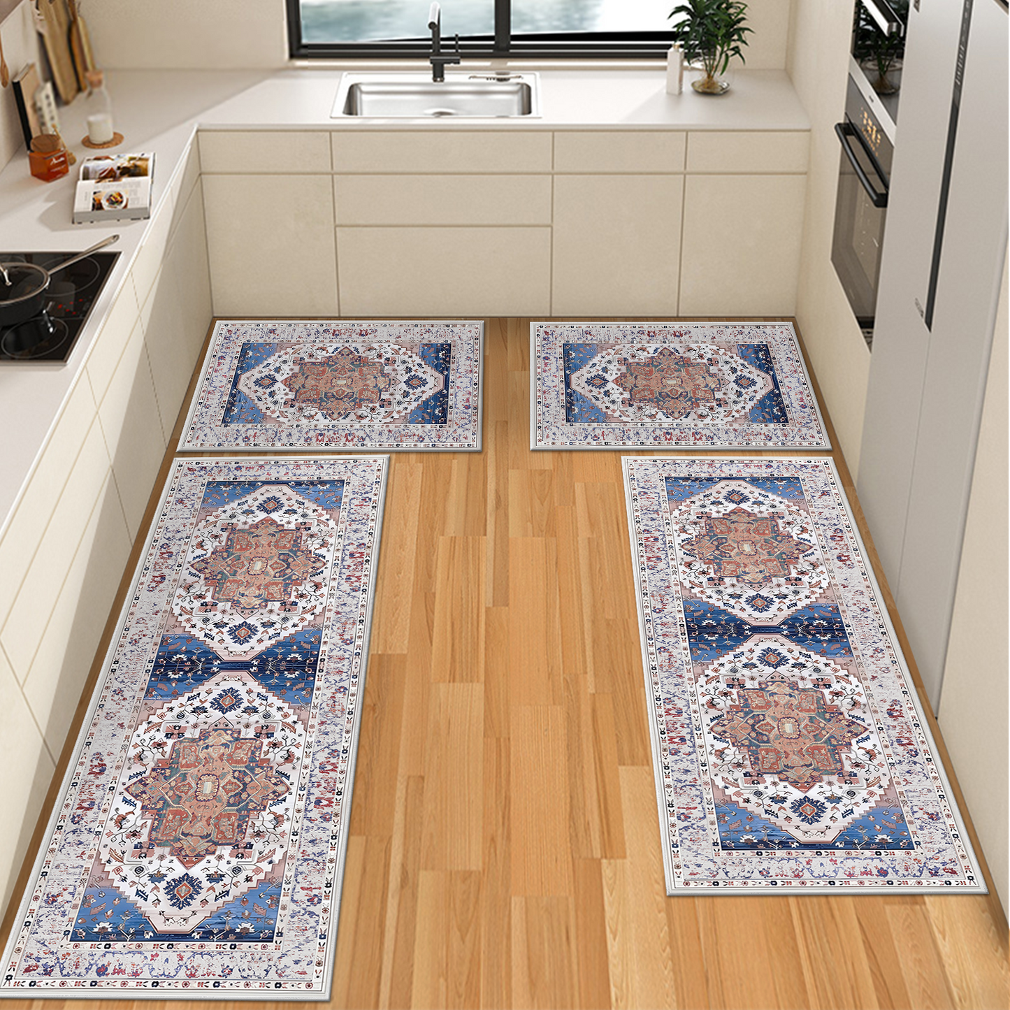 Boho Kitchen Rug Sets 3 Piece with Runner Non Slip Kitchen Rugs and Mats Washable Kitchen Mats for Floor Thick Kitchen Floor Mat Carpet Runner Rugs for Hallway Laundry Holiday Decor