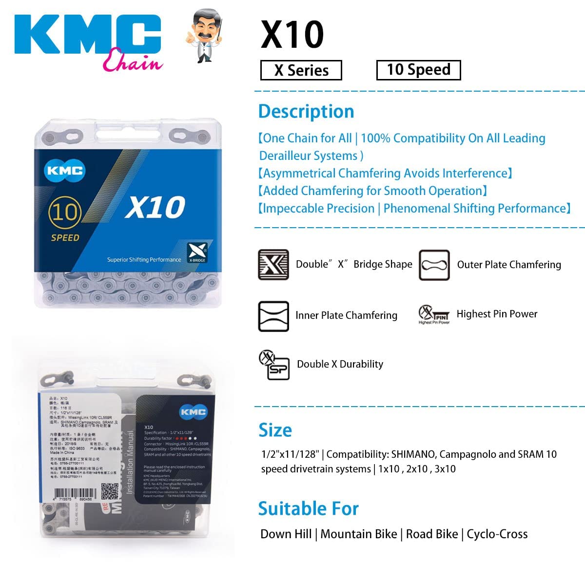 Bike Chain X10, KMC 10-Speed Bike Chain,1/2" X 11/128" - 116 Links