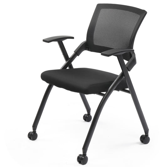 1 Pack Stackable Conference Room Chairs with Wheels, Folding Office Chair with Rebound Back, Padded Seat for Training Room, Guest, Reception, Event, Capacity 350lbs, Black