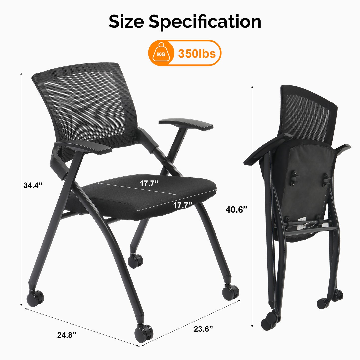 1 Pack Stackable Conference Room Chairs with Wheels, Folding Office Chair with Rebound Back, Padded Seat for Training Room, Guest, Reception, Event, Capacity 350lbs, Black
