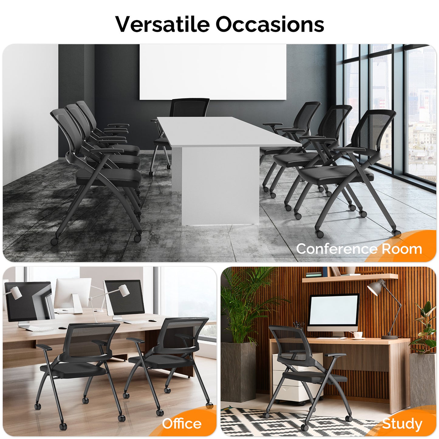 1 Pack Stackable Conference Room Chairs with Wheels, Folding Office Chair with Rebound Back, Padded Seat for Training Room, Guest, Reception, Event, Capacity 350lbs, Black