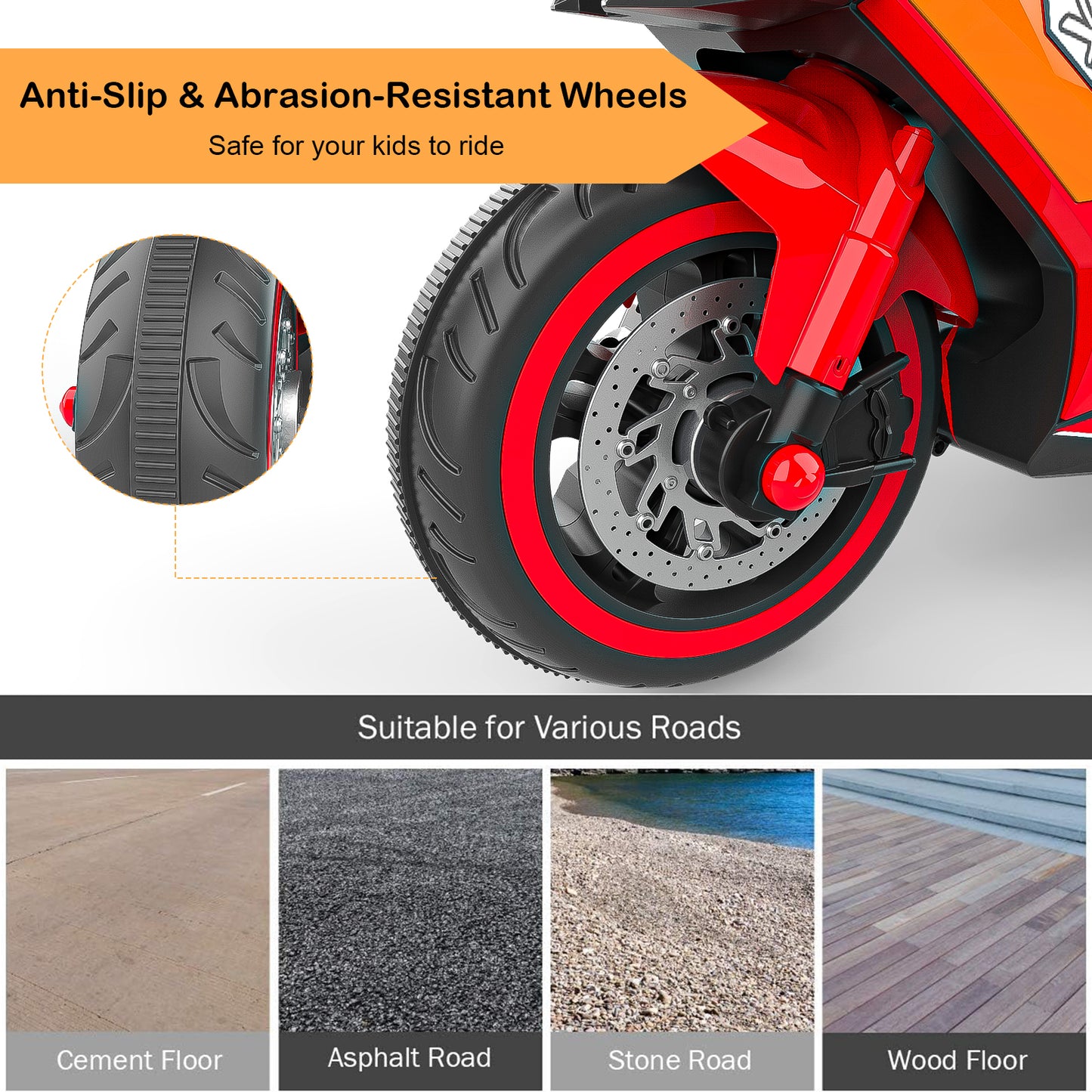 12V Electric Motorcycle for Kids, Powered Toy Motorcycle, Child Motorcycle Ride On with Light Wheels and Bluetooth Music Red (No shipping on weekends)