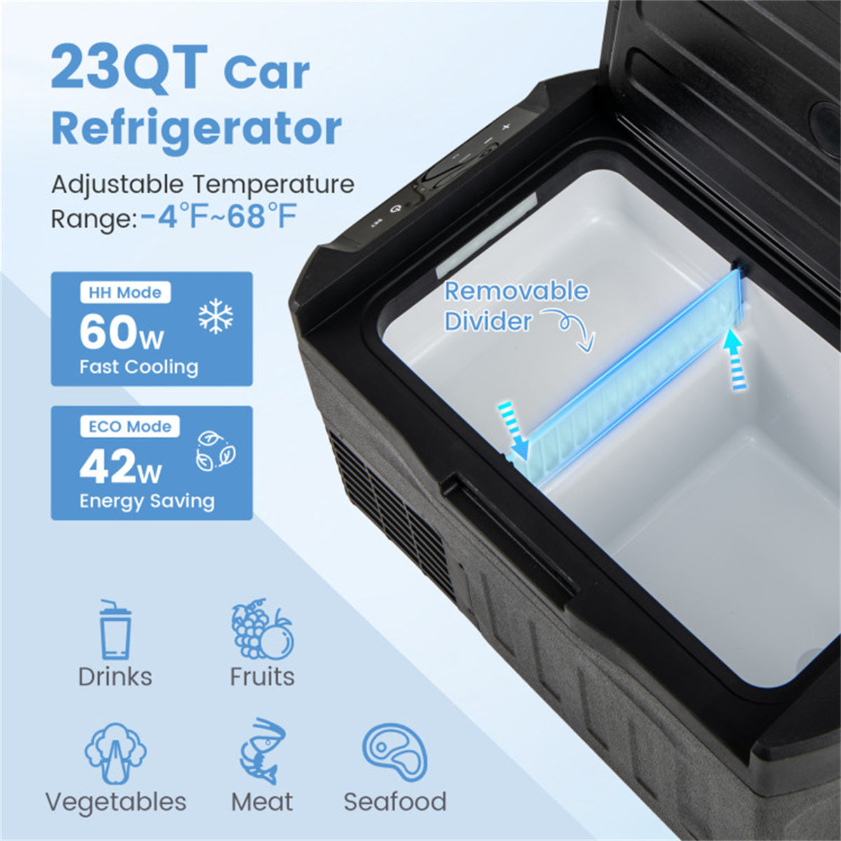 12 Volt Car Refrigerator w/ -4℉~68℉ Adjustable Range Divider for Camping