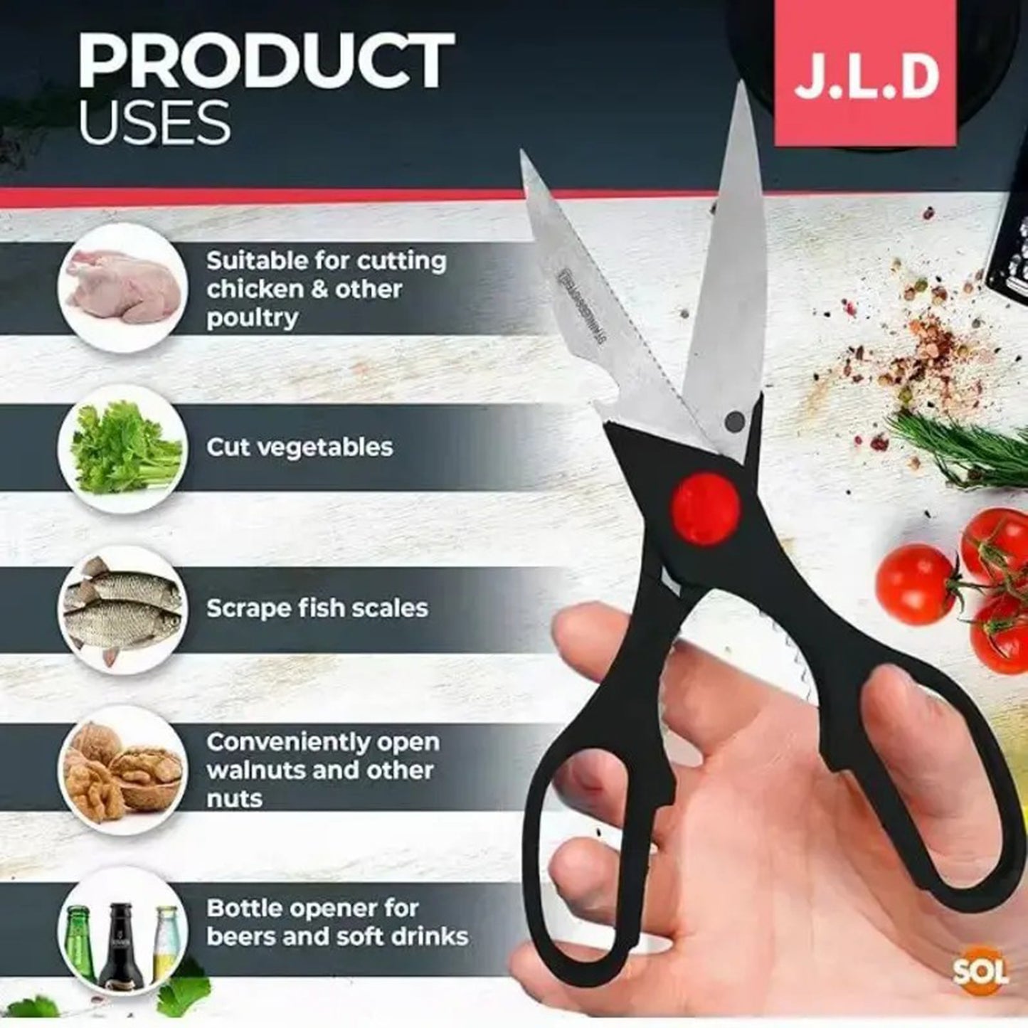 Food Scissors, Sharp Scissors with Nutcrackers, Bottle Opener, Can Opener, Vegetable Cutting Scissors, Chopping Scissors, Multi-Purpose Utensil Gadgets(USPS shipping, pickup supported)