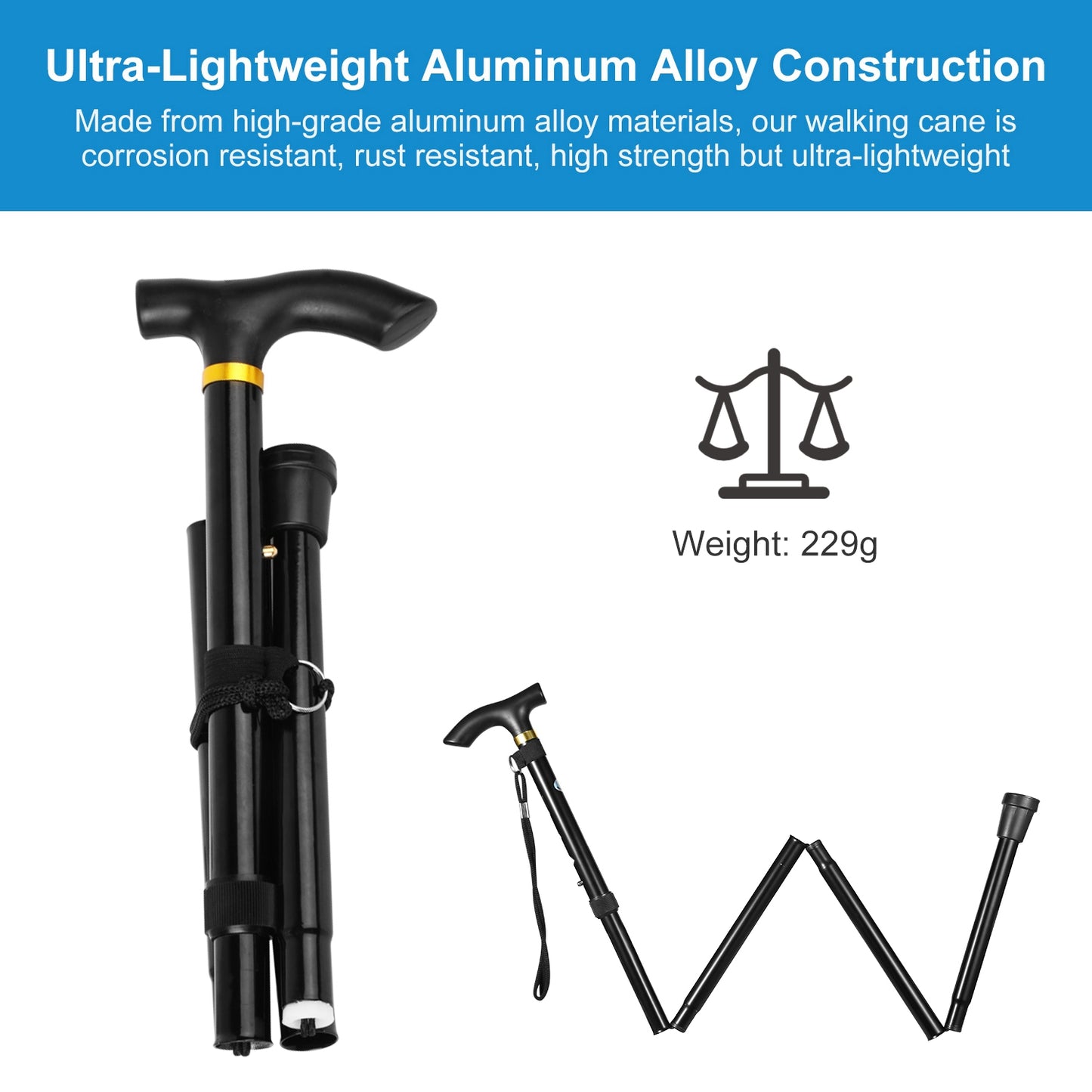 Travel Folding Trekking Hiking Pole,Collapsible Cane Adjustable Walking Stick Portable Mobility Aid for Women Men Hikers Gift,Black