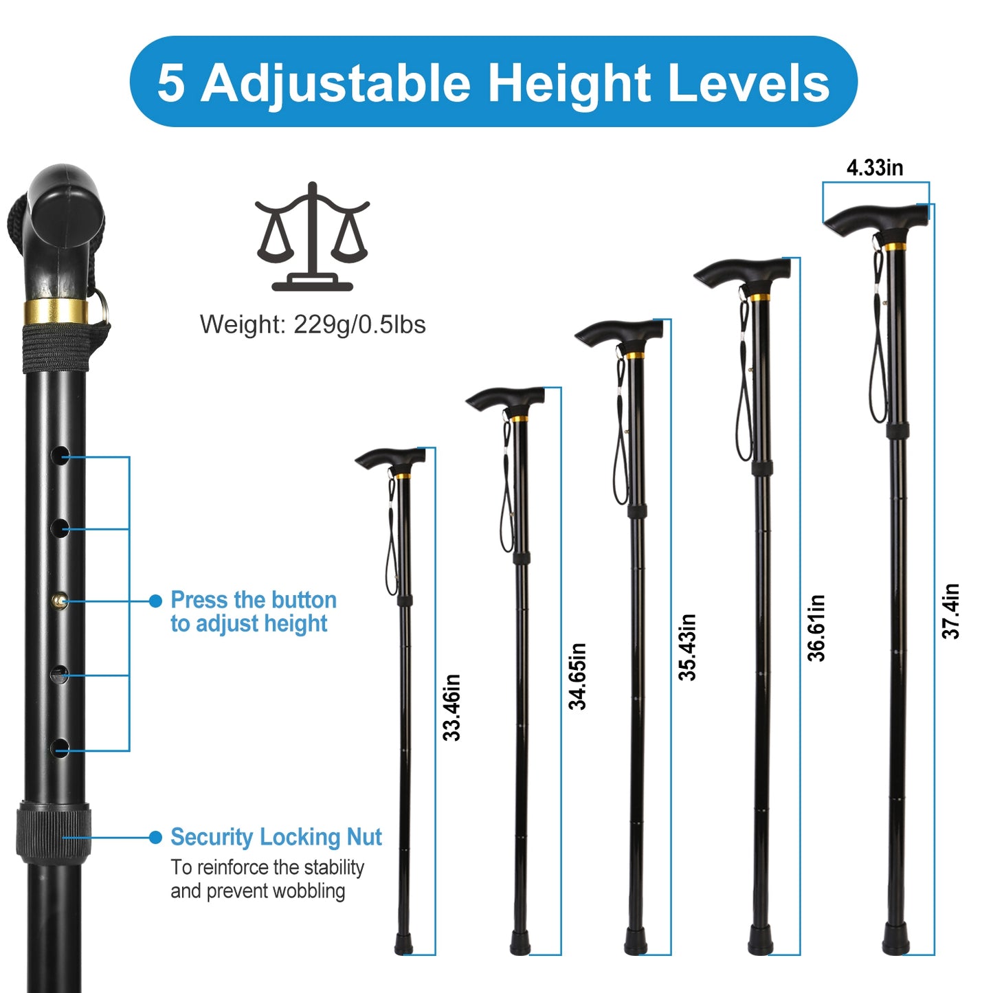 Travel Folding Trekking Hiking Pole,Collapsible Cane Adjustable Walking Stick Portable Mobility Aid for Women Men Hikers Gift,Black