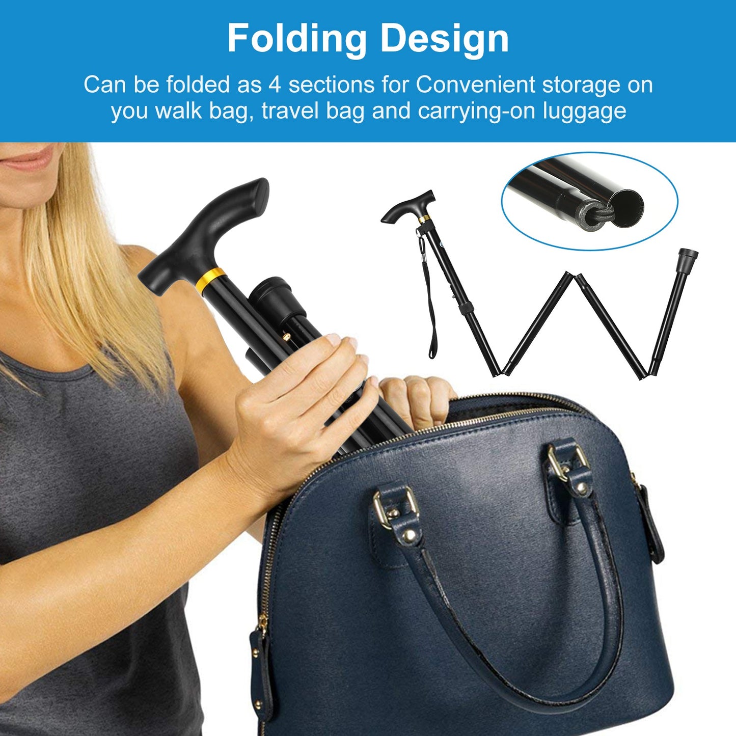 Travel Folding Trekking Hiking Pole,Collapsible Cane Adjustable Walking Stick Portable Mobility Aid for Women Men Hikers Gift,Black