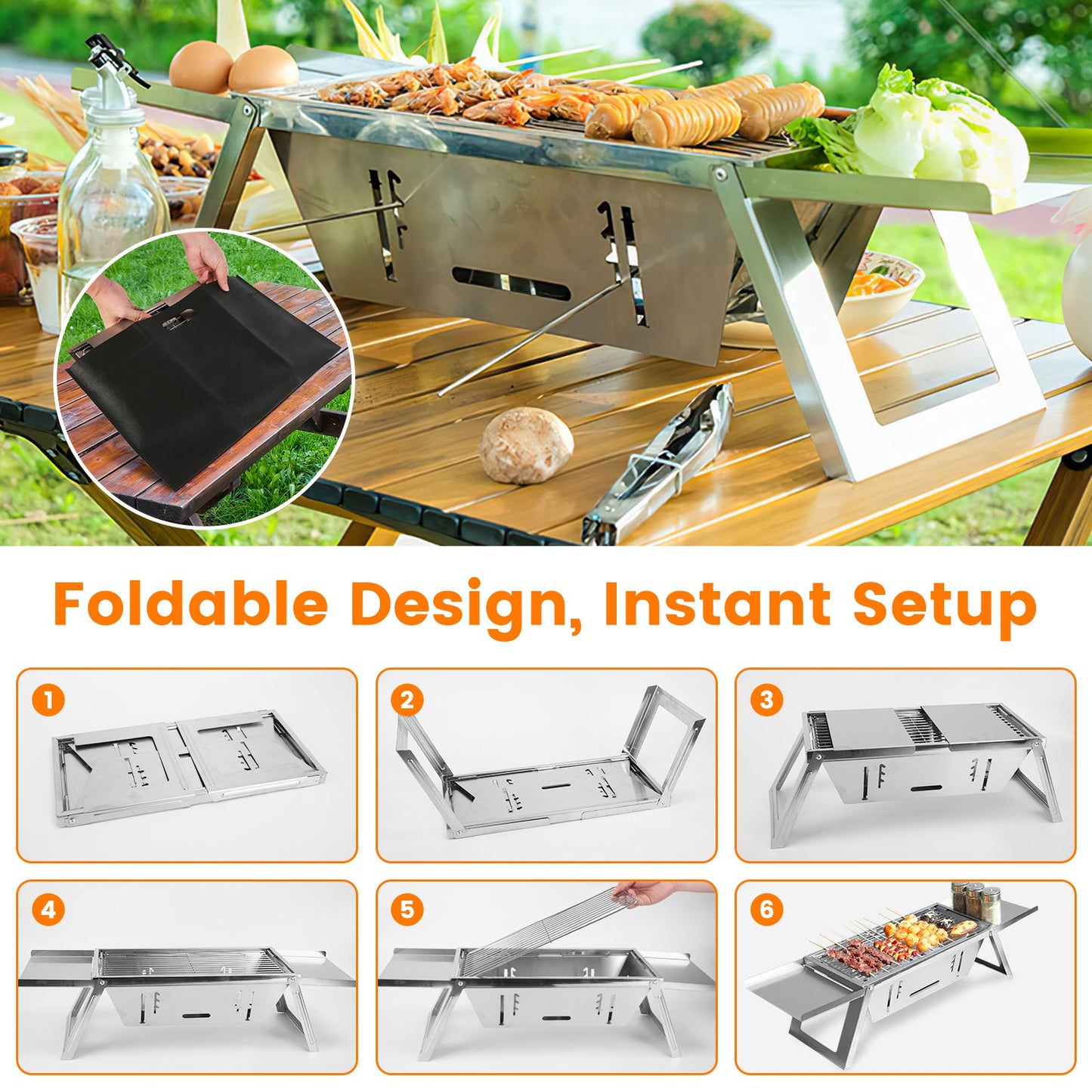 Foldable Charcoal BBQ Grill Stainless Steel Grill Net Easy Setup Portable Tabletop Barbecue Grill for Camping Picnic Outdoor Party Backyard