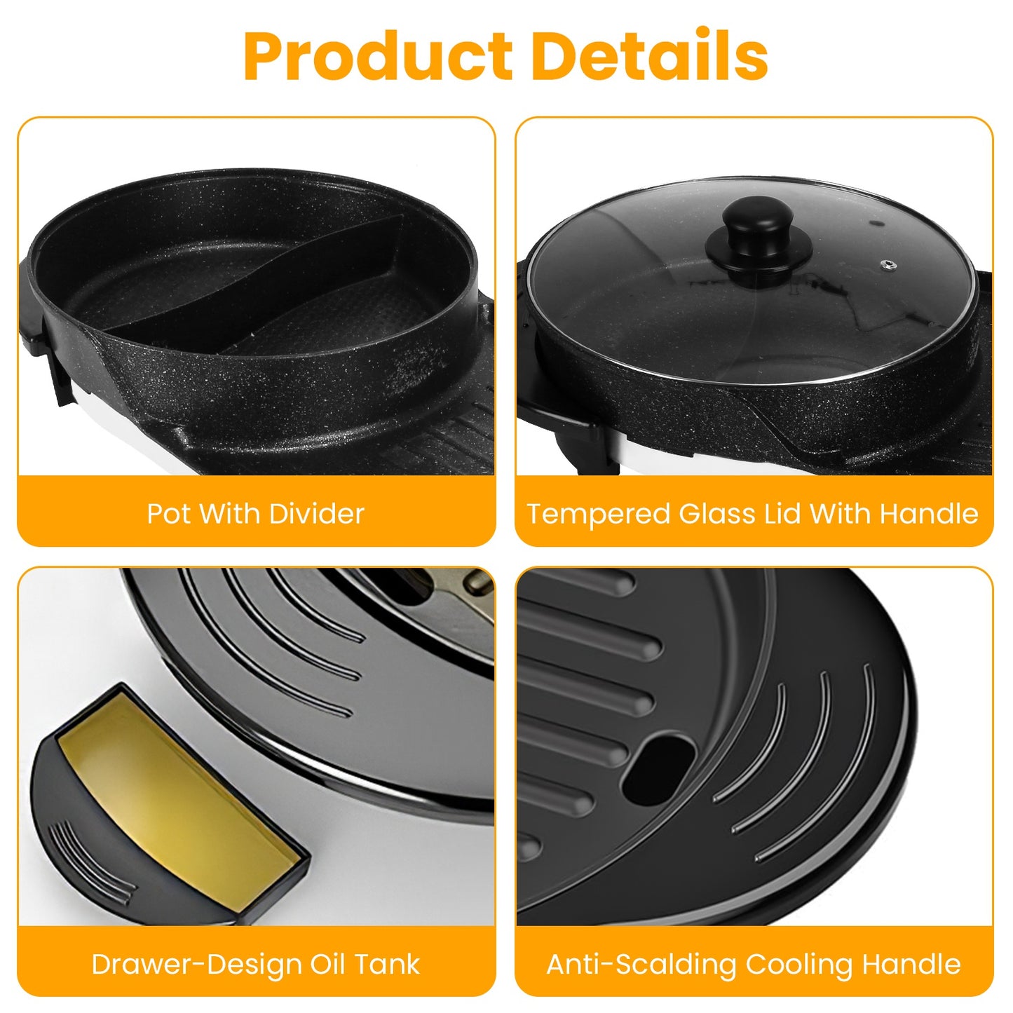 Dual-Electric 2 in 1 Hot Pot & Grill Combo, 2200W Rapid-Heat Indoor , 3.7 QT Non-Stick Hotpot Separate Temp Control , Apartment-Friendly Party Cooker