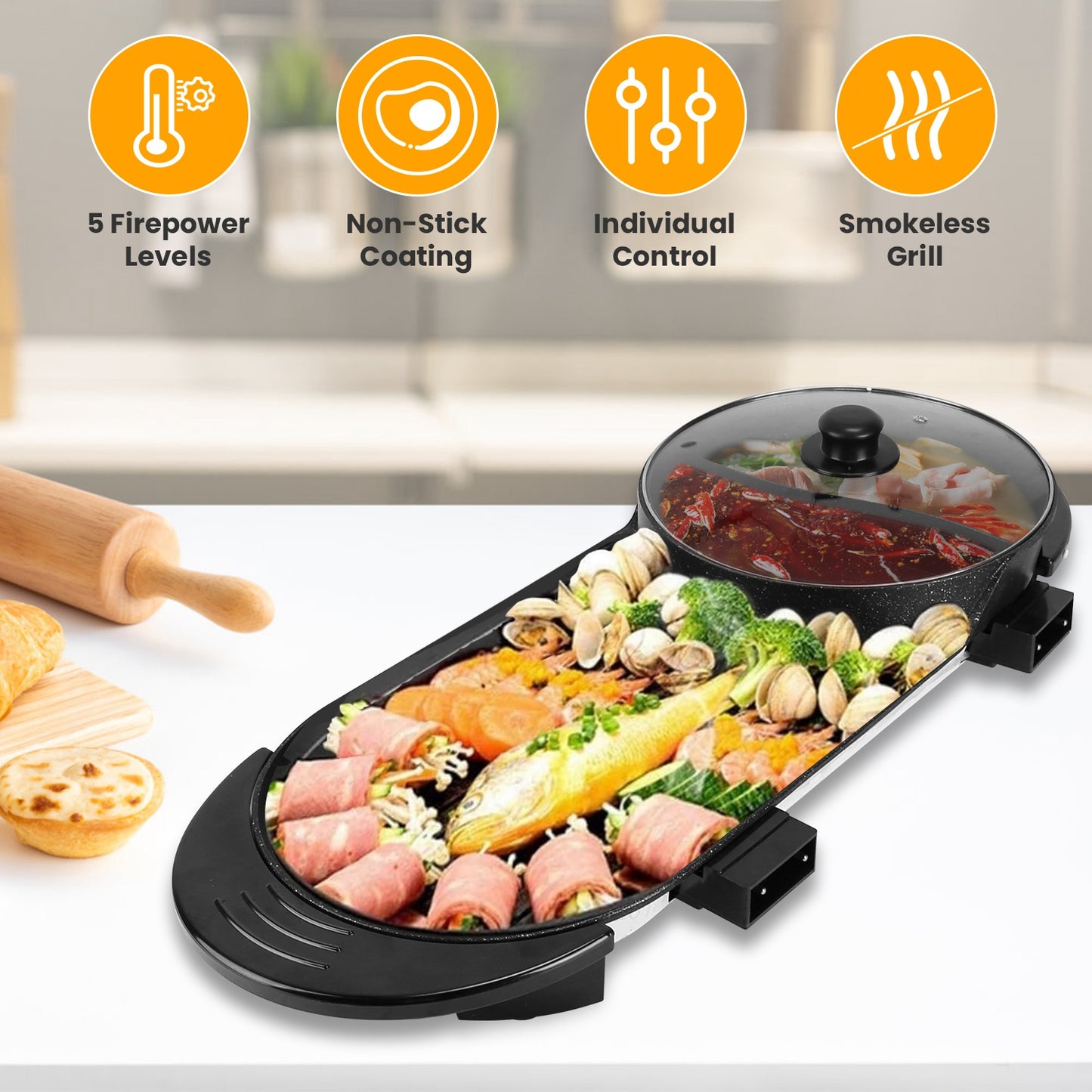 Dual-Electric 2 in 1 Hot Pot & Grill Combo, 2200W Rapid-Heat Indoor , 3.7 QT Non-Stick Hotpot Separate Temp Control , Apartment-Friendly Party Cooker