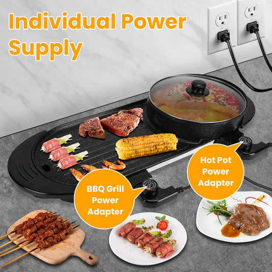 Dual-Electric 2 in 1 Hot Pot & Grill Combo, 2200W Rapid-Heat Indoor , 3.7 QT Non-Stick Hotpot Separate Temp Control , Apartment-Friendly Party Cooker
