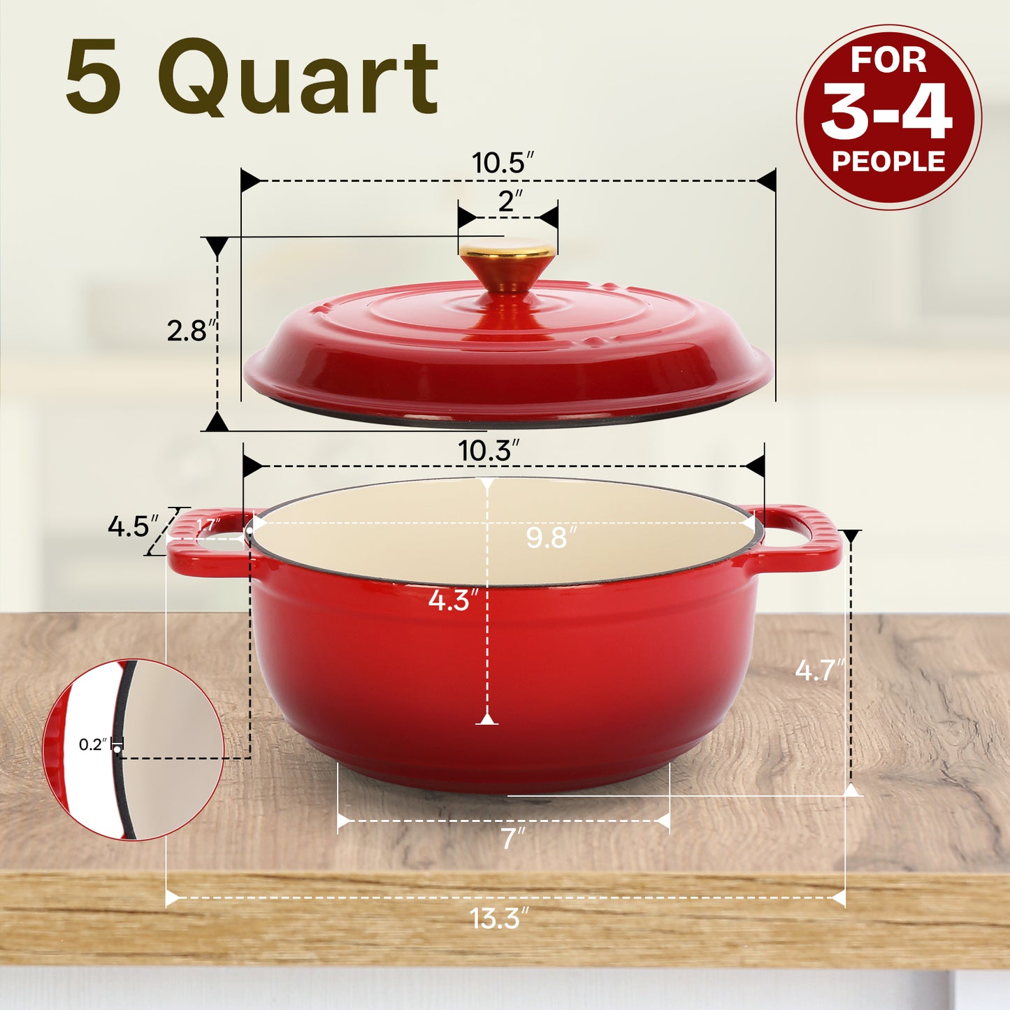 Cast iron 5QT cooking pot - Gradient red - Includes two silicone gloves - Enamel pot