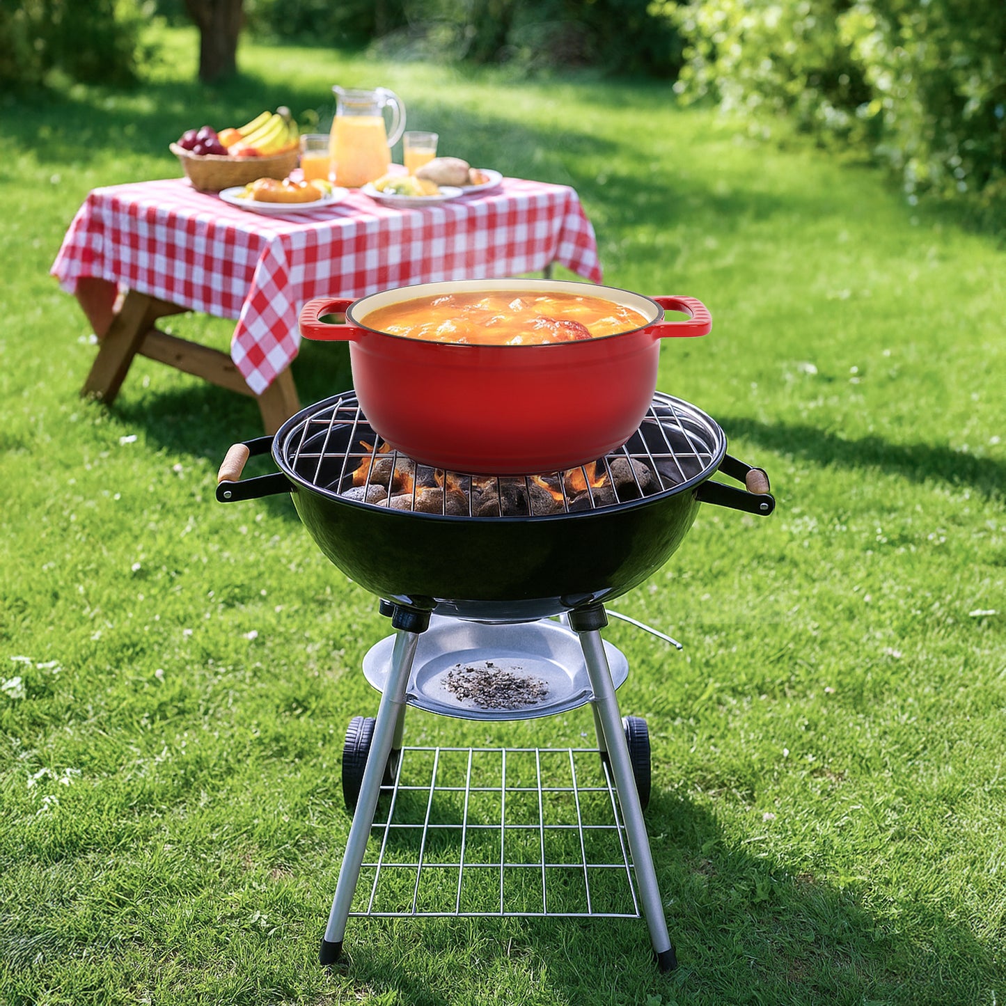 Cast iron 5QT cooking pot - Gradient red - Includes two silicone gloves - Enamel pot