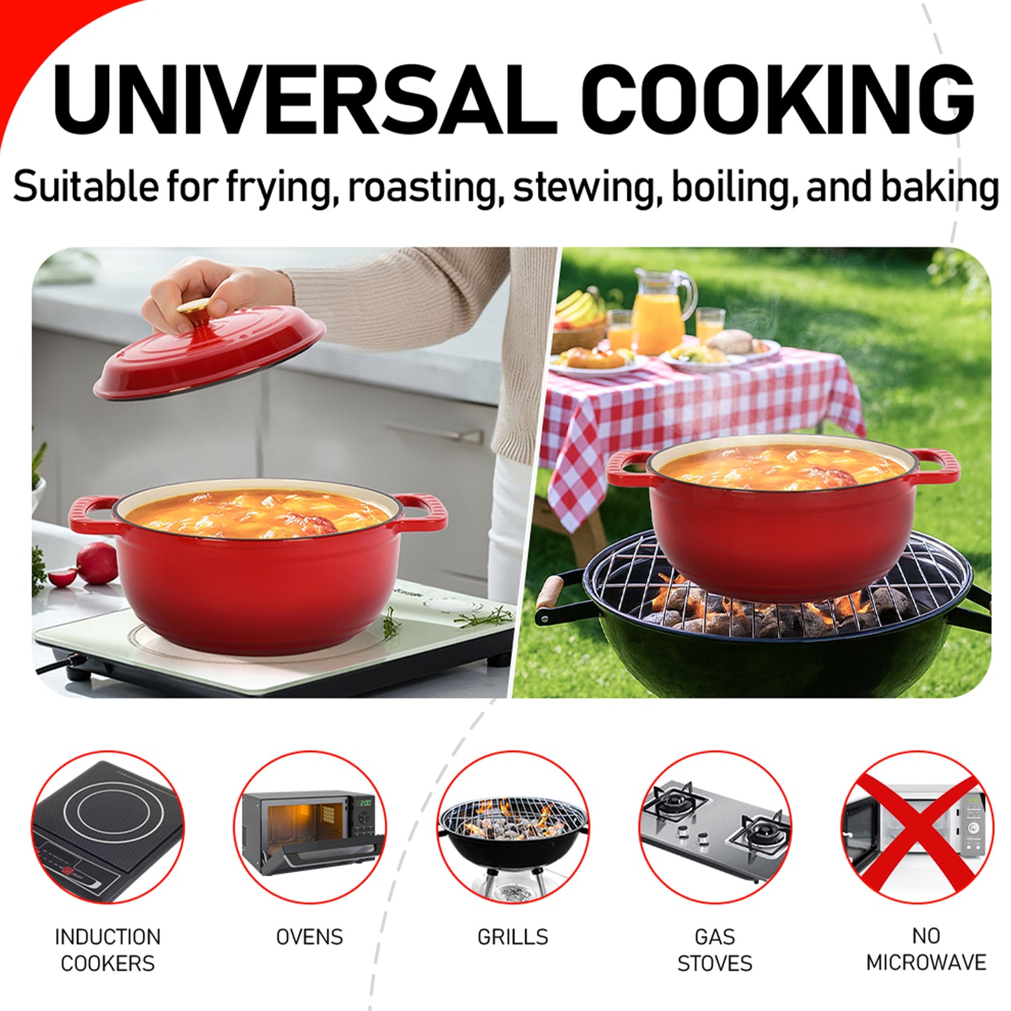 Cast iron 5QT cooking pot - Gradient red - Includes two silicone gloves - Enamel pot