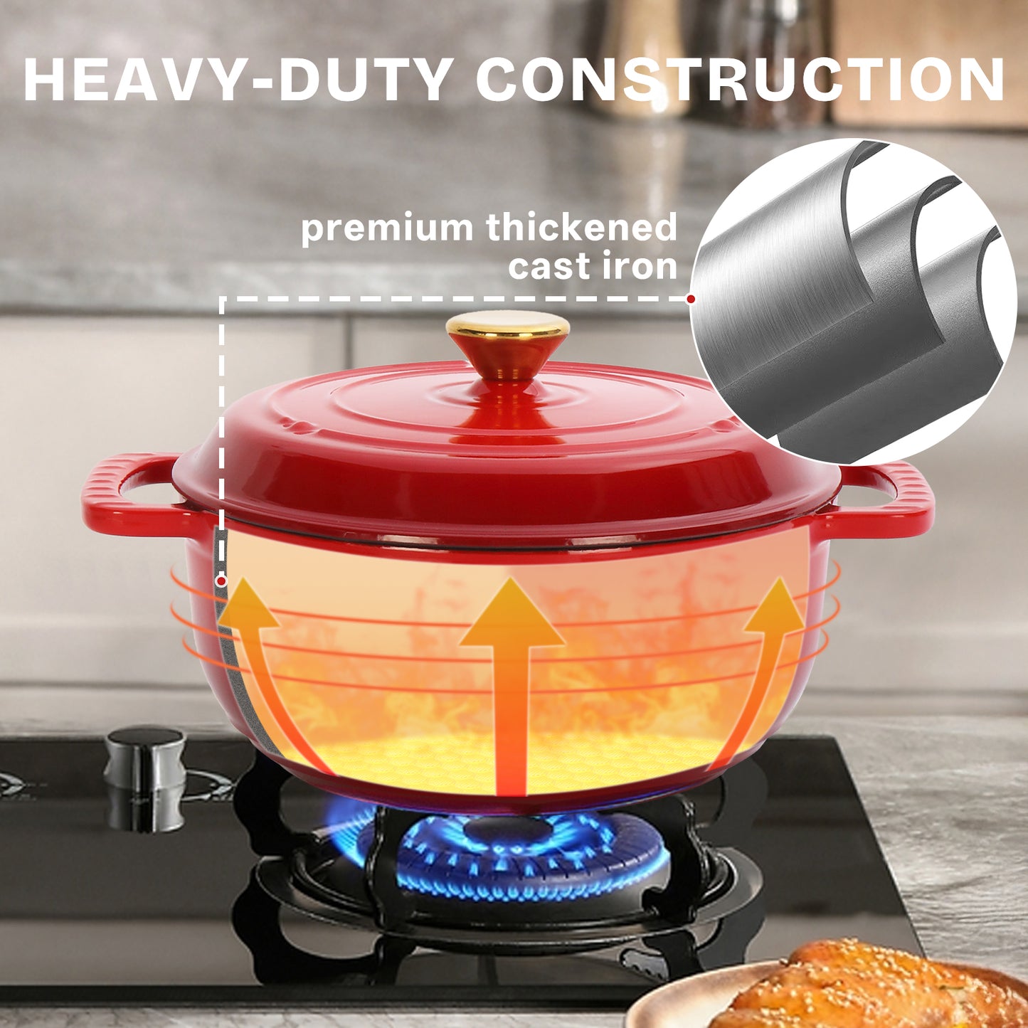 Cast iron 5QT cooking pot - Gradient red - Includes two silicone gloves - Enamel pot