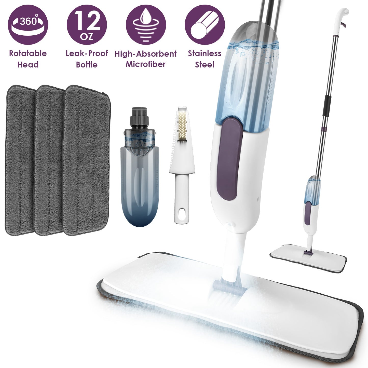 Spray Mop for Floor Cleaning - No Battery Required, 12OZ Leak-Proof Water Bottle, 360° Flexible Mop Head, 49IN Extended Handle, 3 Reusable Microfiber Pads - Suitable for Hardwood, Tile, Laminate, Viny