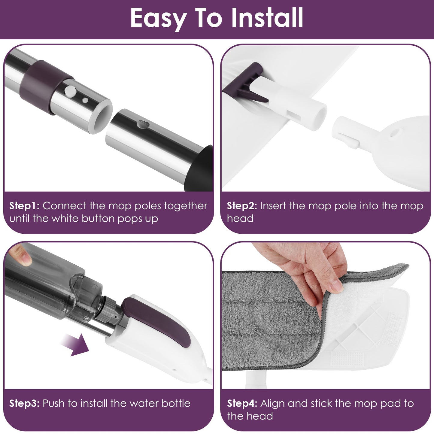 Spray Mop for Floor Cleaning - No Battery Required, 12OZ Leak-Proof Water Bottle, 360° Flexible Mop Head, 49IN Extended Handle, 3 Reusable Microfiber Pads - Suitable for Hardwood, Tile, Laminate, Viny