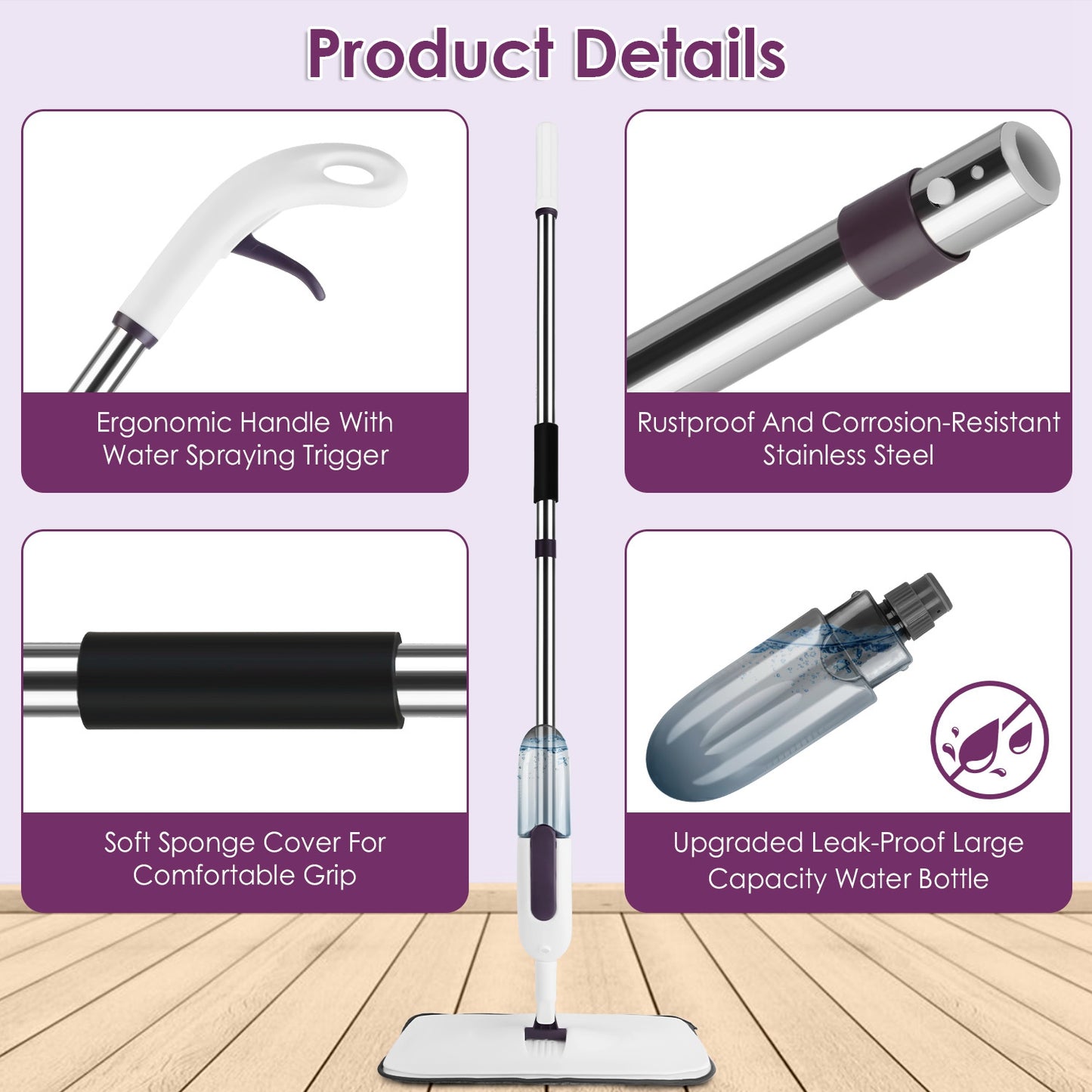Spray Mop for Floor Cleaning - No Battery Required, 12OZ Leak-Proof Water Bottle, 360° Flexible Mop Head, 49IN Extended Handle, 3 Reusable Microfiber Pads - Suitable for Hardwood, Tile, Laminate, Viny