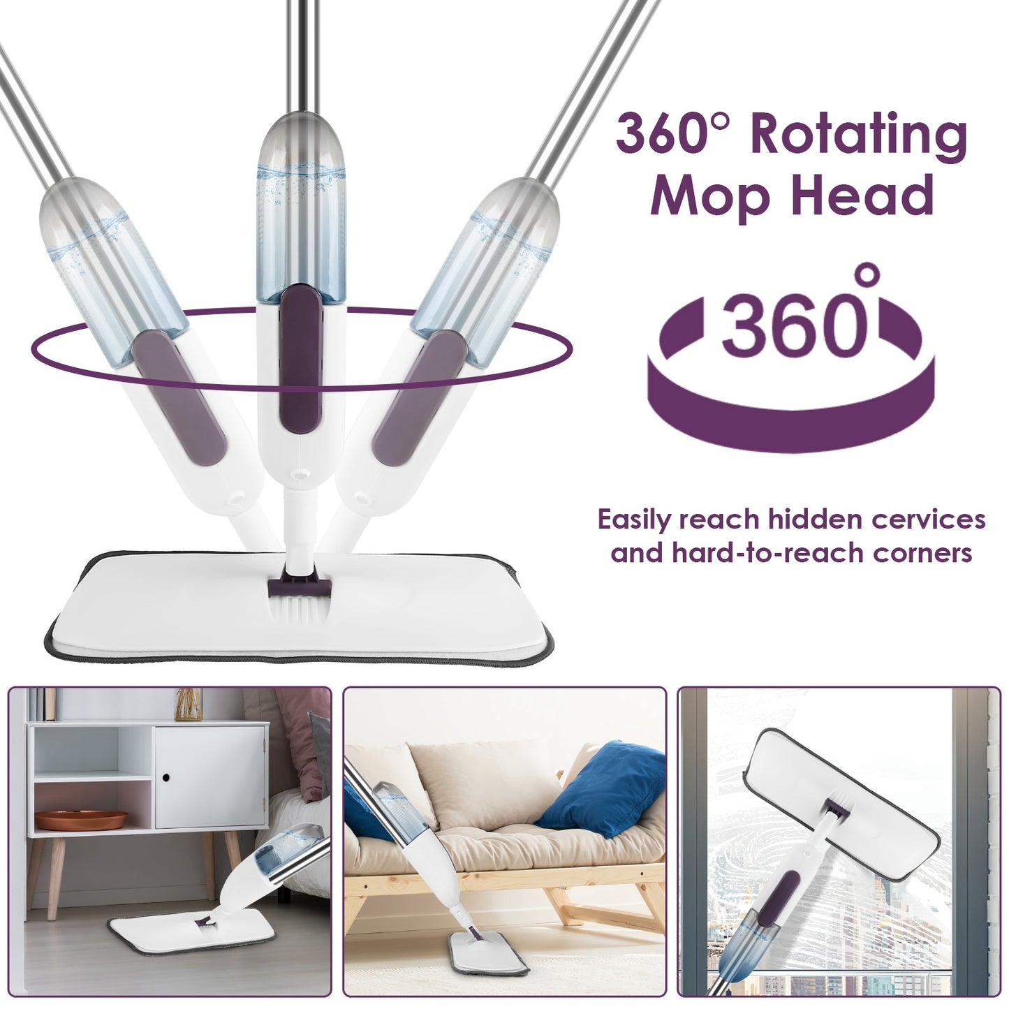 Spray Mop for Floor Cleaning - No Battery Required, 12OZ Leak-Proof Water Bottle, 360° Flexible Mop Head, 49IN Extended Handle, 3 Reusable Microfiber Pads - Suitable for Hardwood, Tile, Laminate, Viny