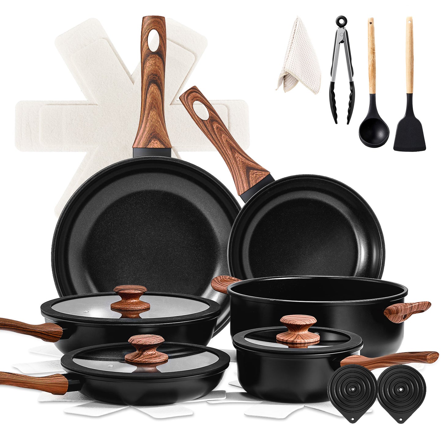 20-Piece Aluminum Cookware Set, Black Non-Stick Pots and Pans Set with Assembled Handles - 6 Pots (Including 28cm Stock Pot) & 3 Lids, Compatible with Induction, Gas, Electric Stoves for Kitchen