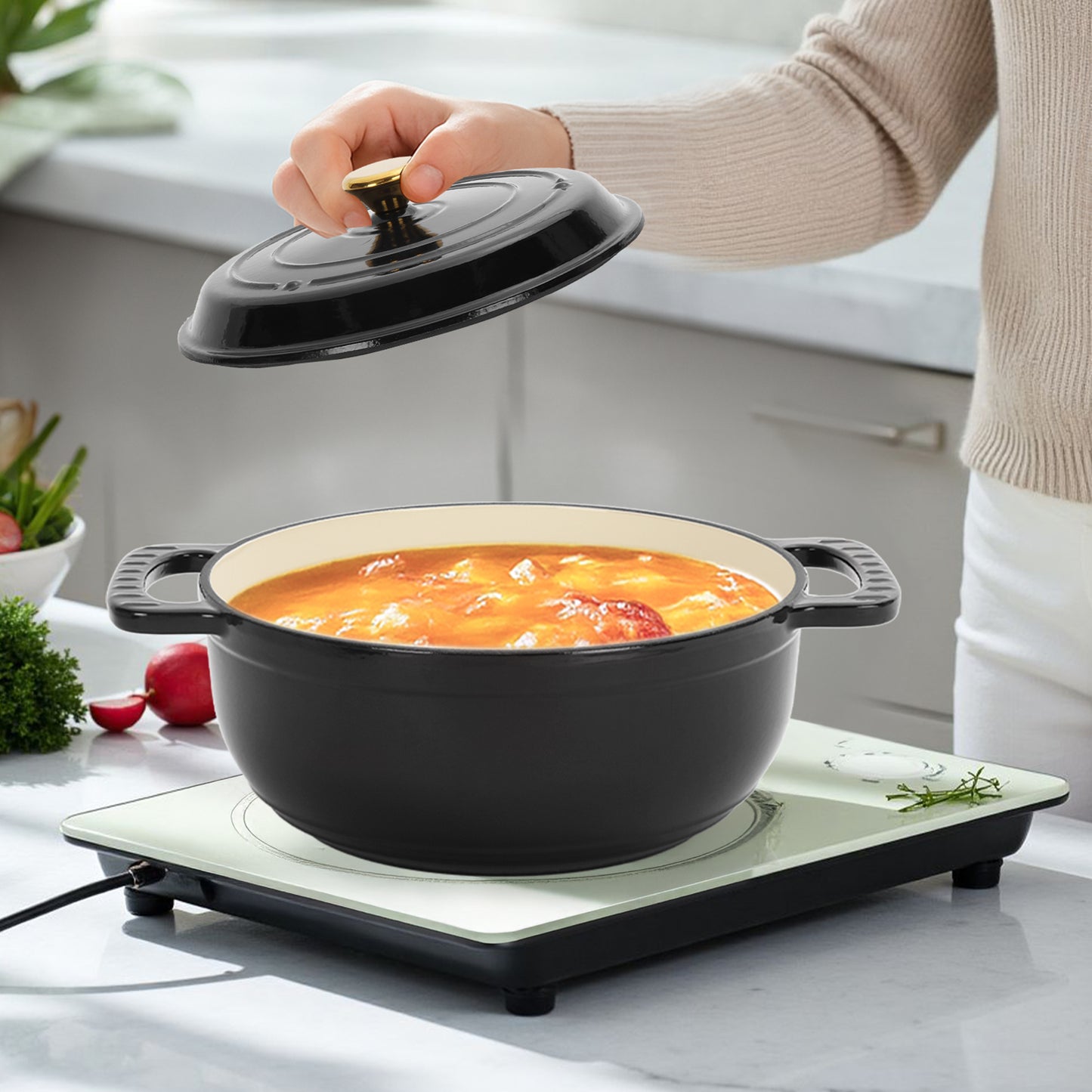 Cast iron 5QT cooking pot - Pure black - includes two silicone gloves - Enamel pot