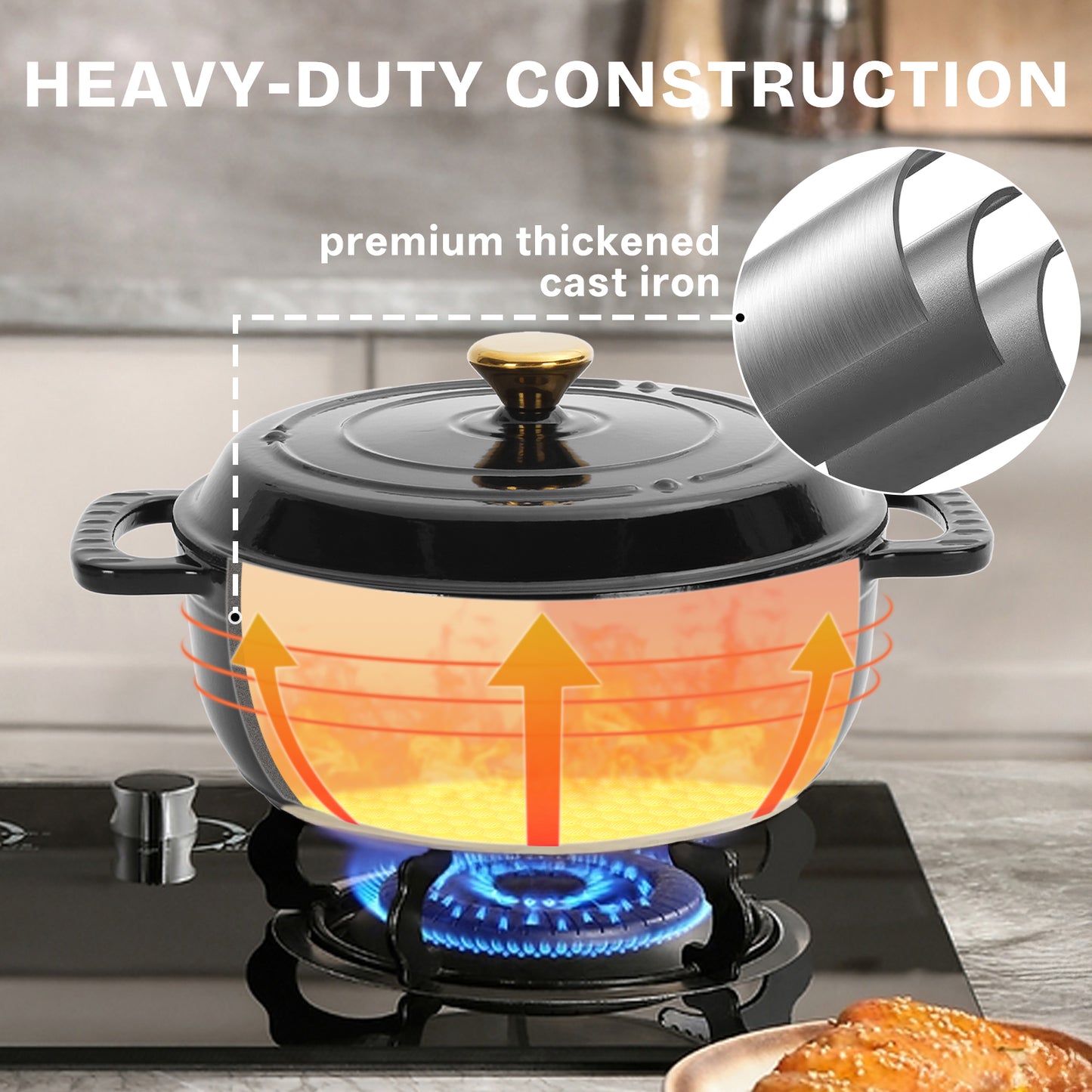 Cast iron 5QT cooking pot - Pure black - includes two silicone gloves - Enamel pot