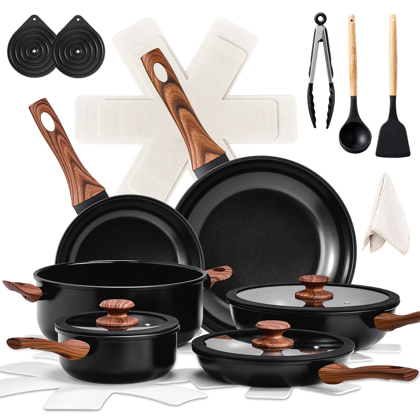 20-Piece Aluminum Cookware Set, Black Non-Stick Pots and Pans Set with Assembled Handles - 6 Pots (Including 28cm Stock Pot) & 3 Lids, Compatible with Induction, Gas, Electric Stoves for Kitchen