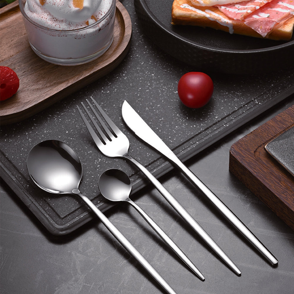 30pc CUTLERY DINNER SET STAINLESS STEEL METAL STAND RACK FORKS TEA SPOONS POLISH