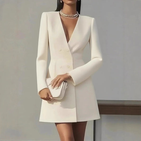 Solid-color V-neck Suit-style French Dress For Women