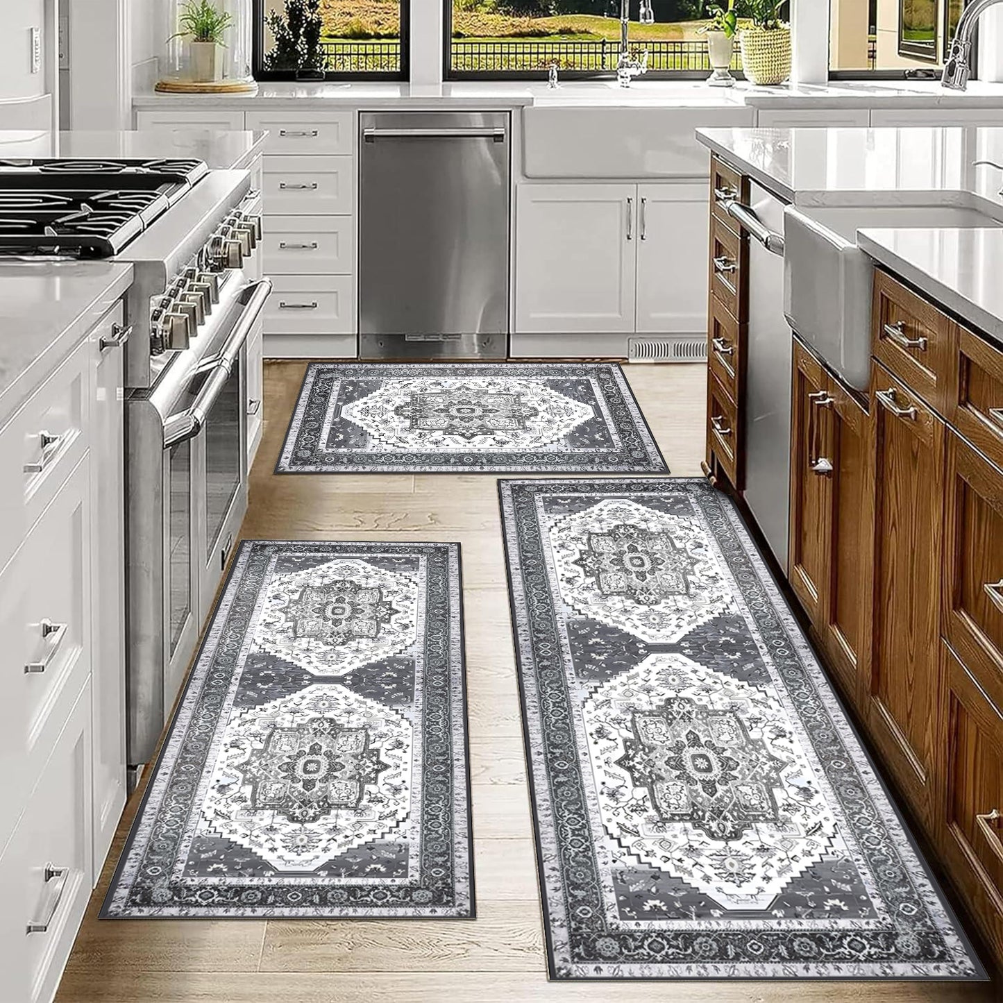 Boho Kitchen Rug Sets 3 Piece with Runner Non Slip Kitchen Rugs and Mats Washable Kitchen Mats for Floor Thick Kitchen Floor Mat Carpet Runner Rugs for Hallway Laundry Holiday Decor