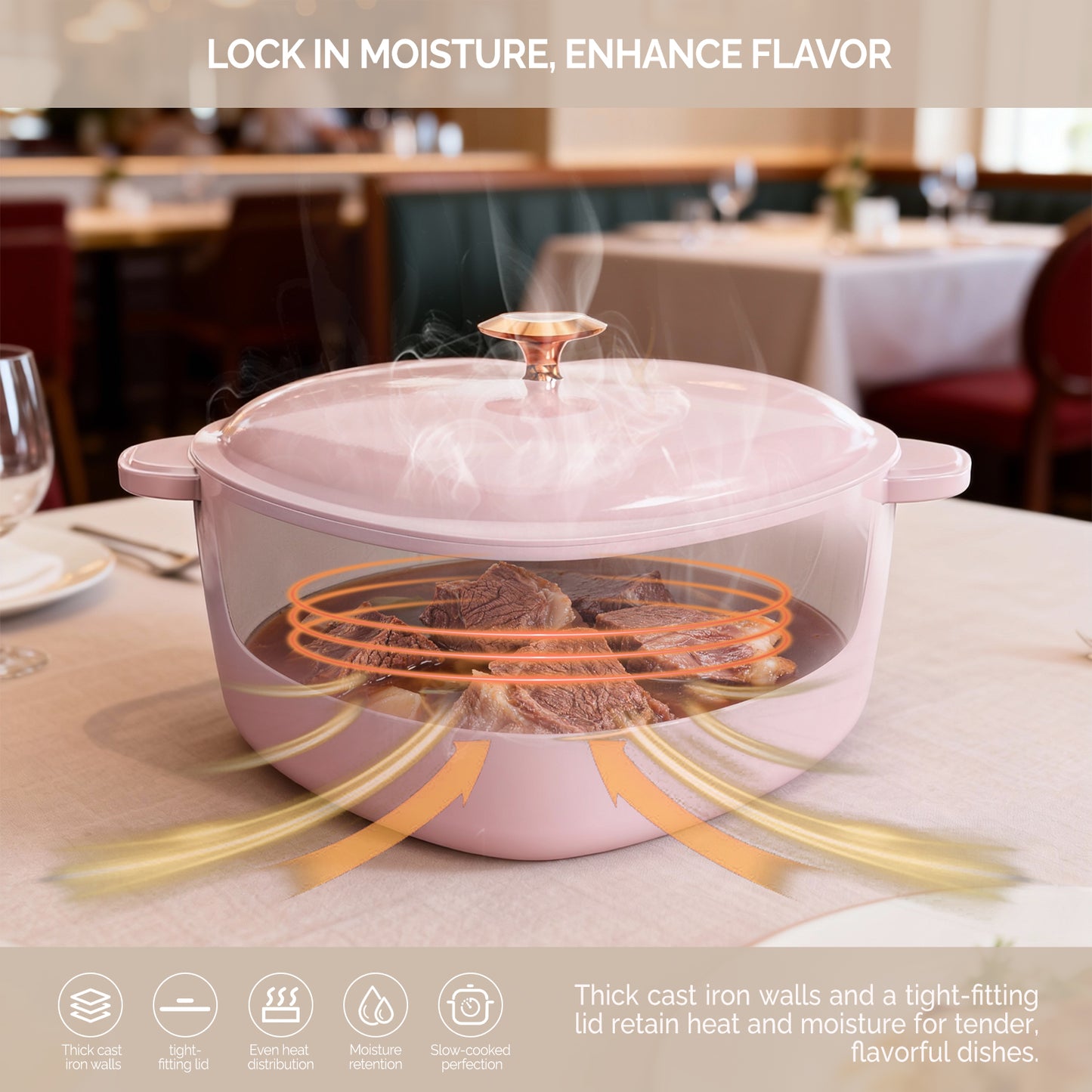 Enameled cast iron heart-shaped cooking pot, 24 cm inner diameter, 4 QT, gold heart‑shaped handle, pink gradient finish, includes two silicone oven mitts.