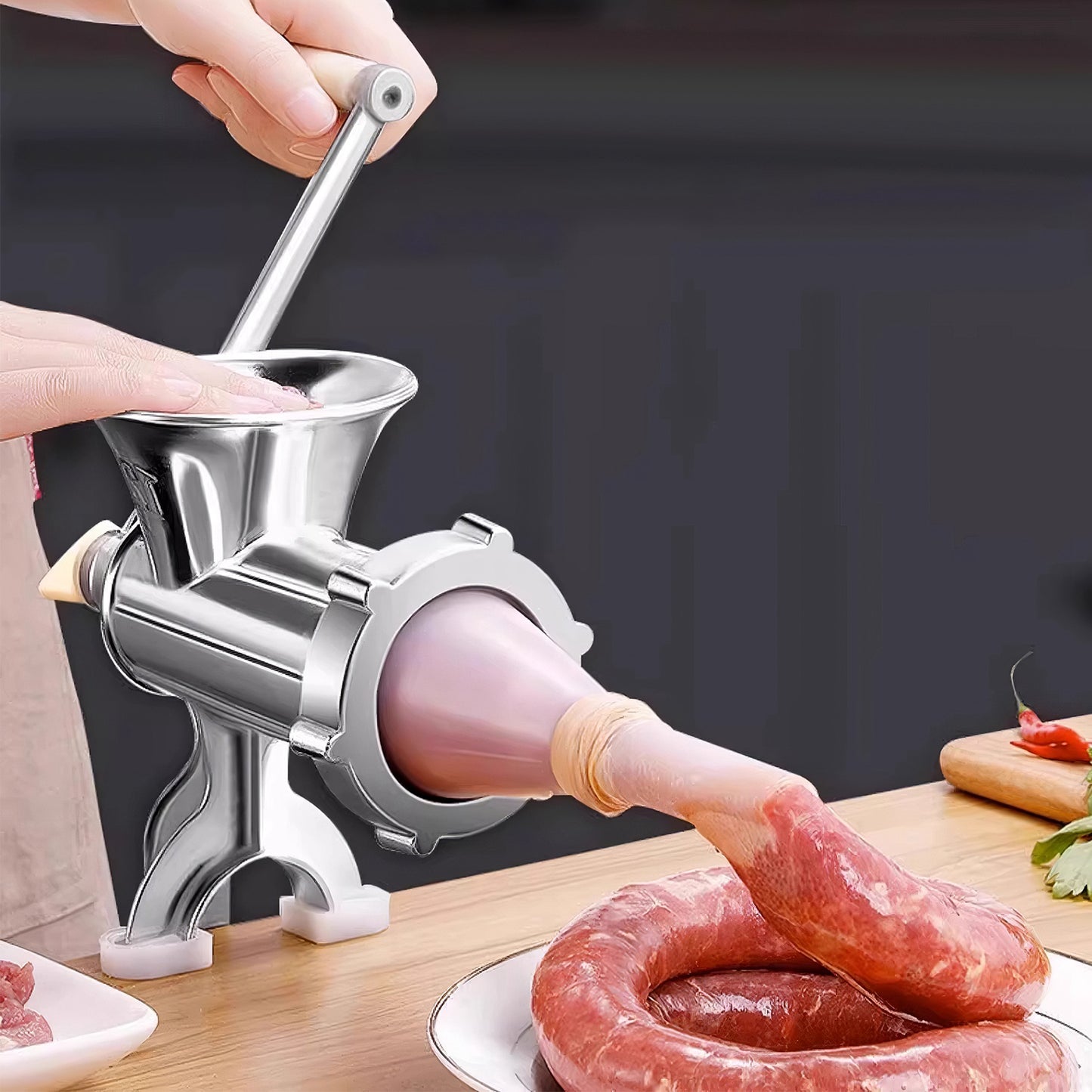 Manual Meat Grinder with Ergonomic Handle, Multifunctional Sausage Stuffer & Noodle Maker for Home Kitchen,Aluminum Alloy Manual Meat Grinder, Tabletop Clamp Design with Sausage Funnel & Noodle Plate, Easy Clean