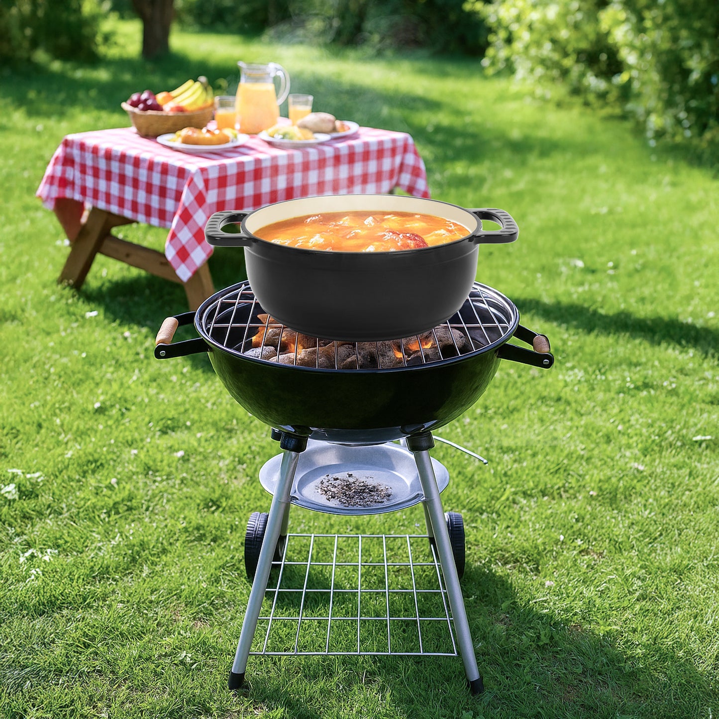 Cast iron 5QT cooking pot - Pure black - includes two silicone gloves - Enamel pot