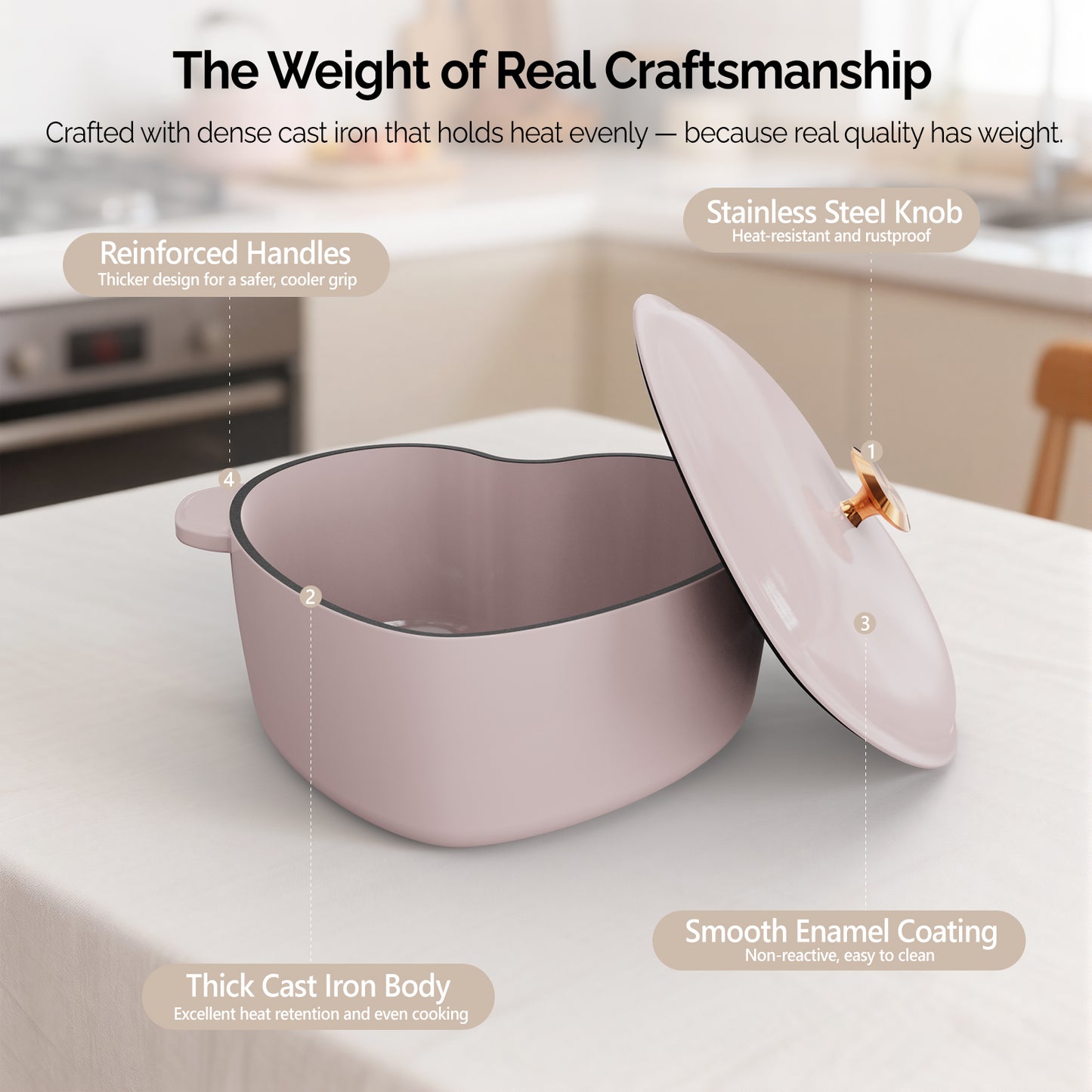Enameled cast iron heart-shaped cooking pot, 24 cm inner diameter, 4 QT, gold heart‑shaped handle, pink gradient finish, includes two silicone oven mitts.