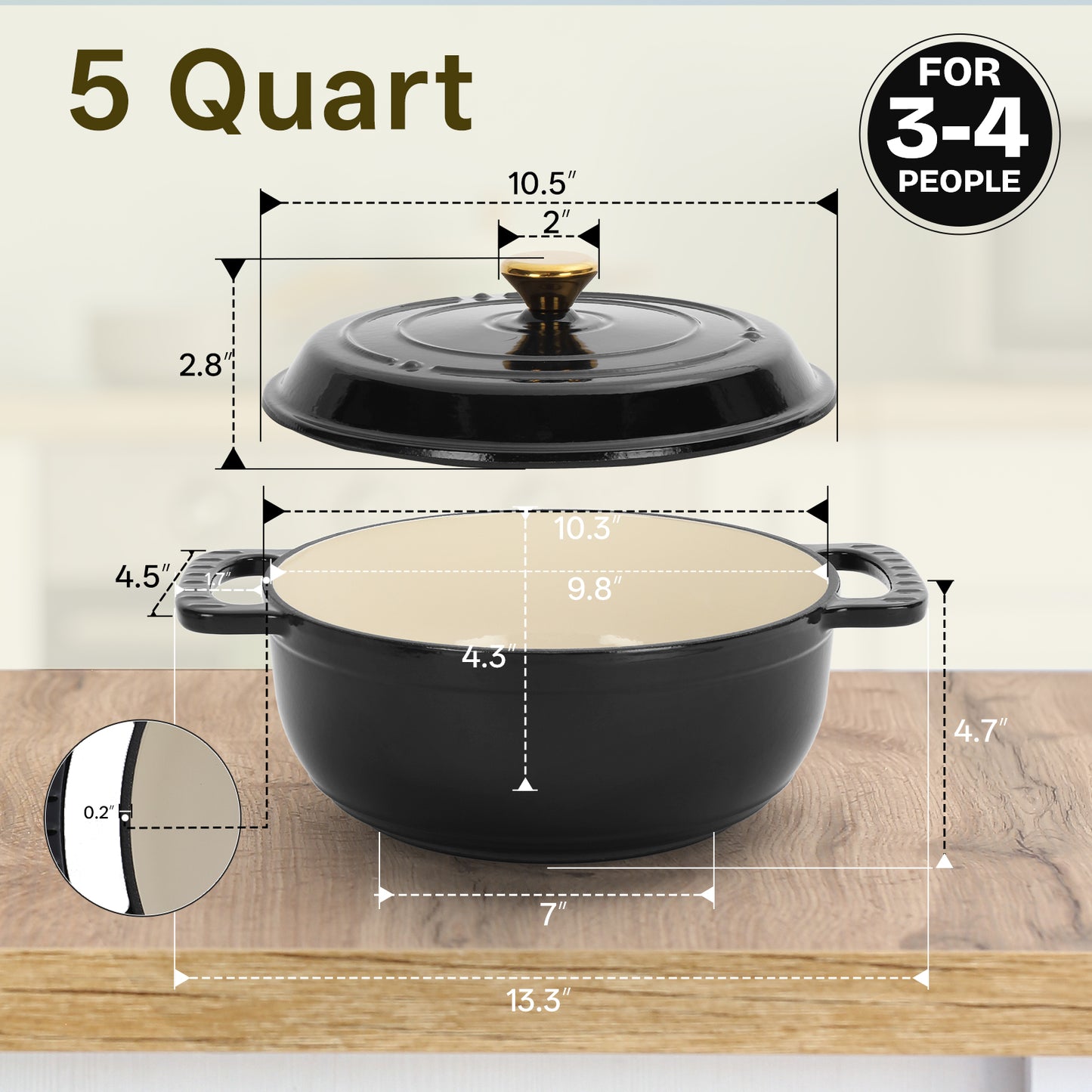Cast iron 5QT cooking pot - Pure black - includes two silicone gloves - Enamel pot
