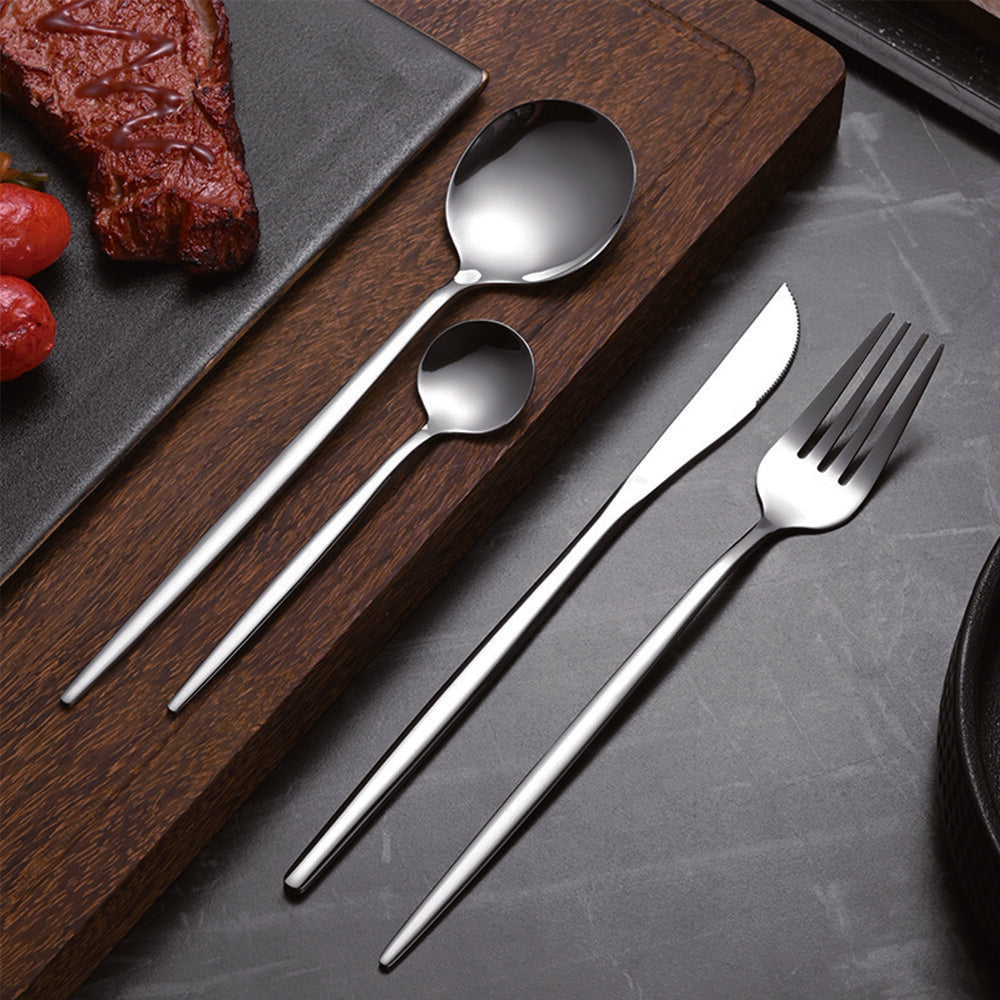 30pc CUTLERY DINNER SET STAINLESS STEEL METAL STAND RACK FORKS TEA SPOONS POLISH