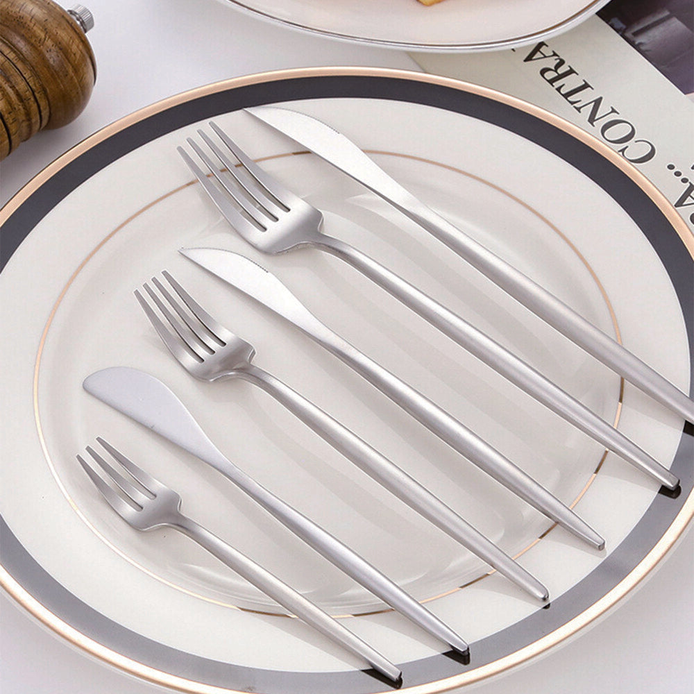 30pc CUTLERY DINNER SET STAINLESS STEEL METAL STAND RACK FORKS TEA SPOONS POLISH