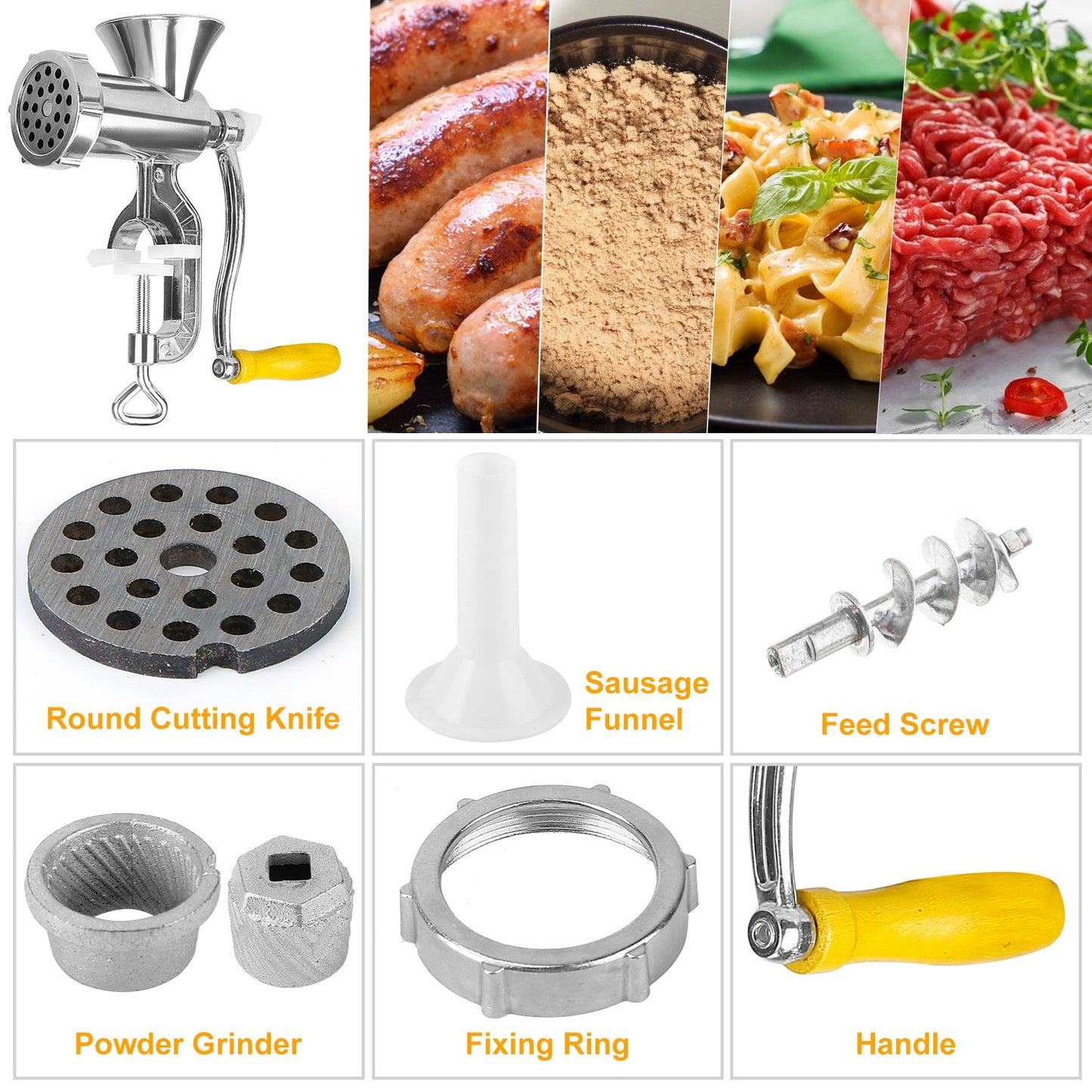 Manual Meat Grinder with Ergonomic Handle, Multifunctional Sausage Stuffer & Noodle Maker for Home Kitchen,Aluminum Alloy Manual Meat Grinder, Tabletop Clamp Design with Sausage Funnel & Noodle Plate, Easy Clean