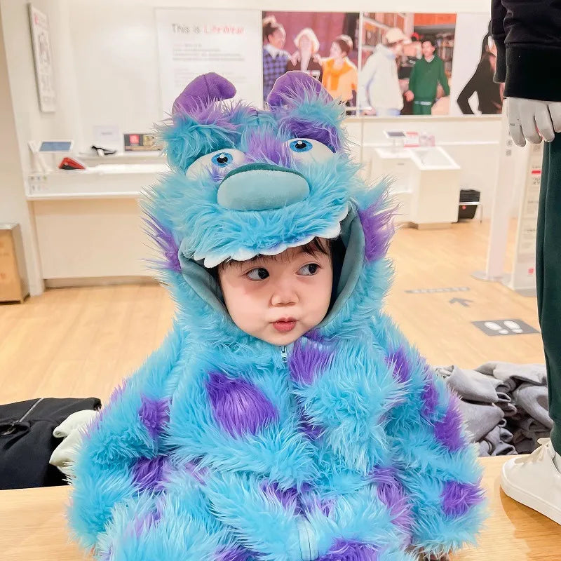 Child wearing a blue and purple fluffy monster costume indoors.