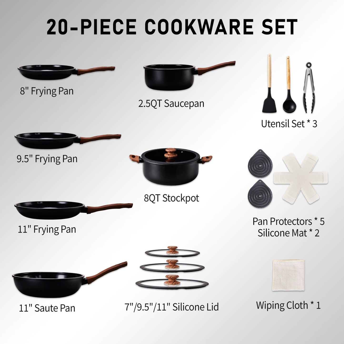 20-Piece Aluminum Cookware Set, Black Non-Stick Pots and Pans Set with Assembled Handles - 6 Pots (Including 28cm Stock Pot) & 3 Lids, Compatible with Induction, Gas, Electric Stoves for Kitchen