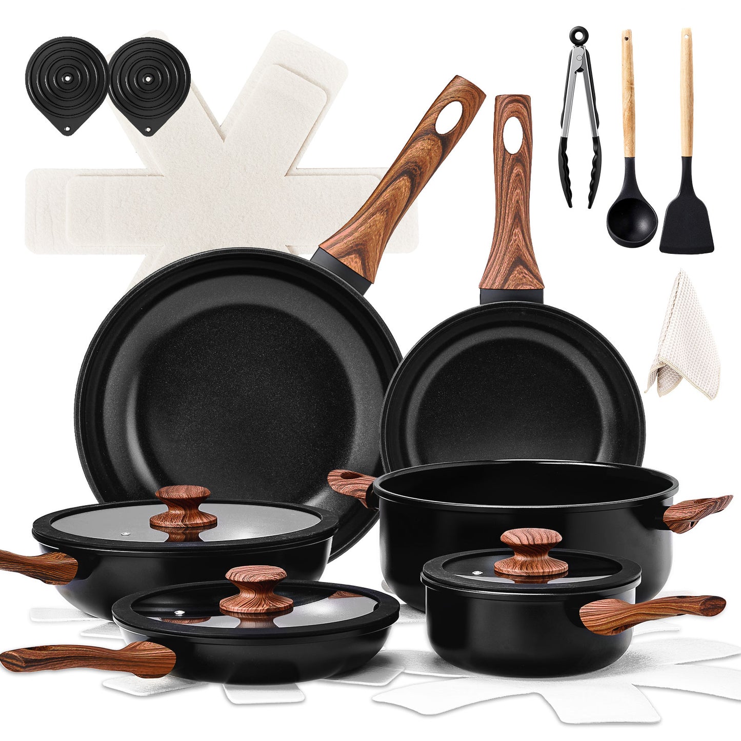 20-Piece Aluminum Cookware Set, Black Non-Stick Pots and Pans Set with Assembled Handles - 6 Pots (Including 28cm Stock Pot) & 3 Lids, Compatible with Induction, Gas, Electric Stoves for Kitchen