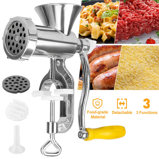 Manual Meat Grinder with Ergonomic Handle, Multifunctional Sausage Stuffer & Noodle Maker for Home Kitchen,Aluminum Alloy Manual Meat Grinder, Tabletop Clamp Design with Sausage Funnel & Noodle Plate, Easy Clean